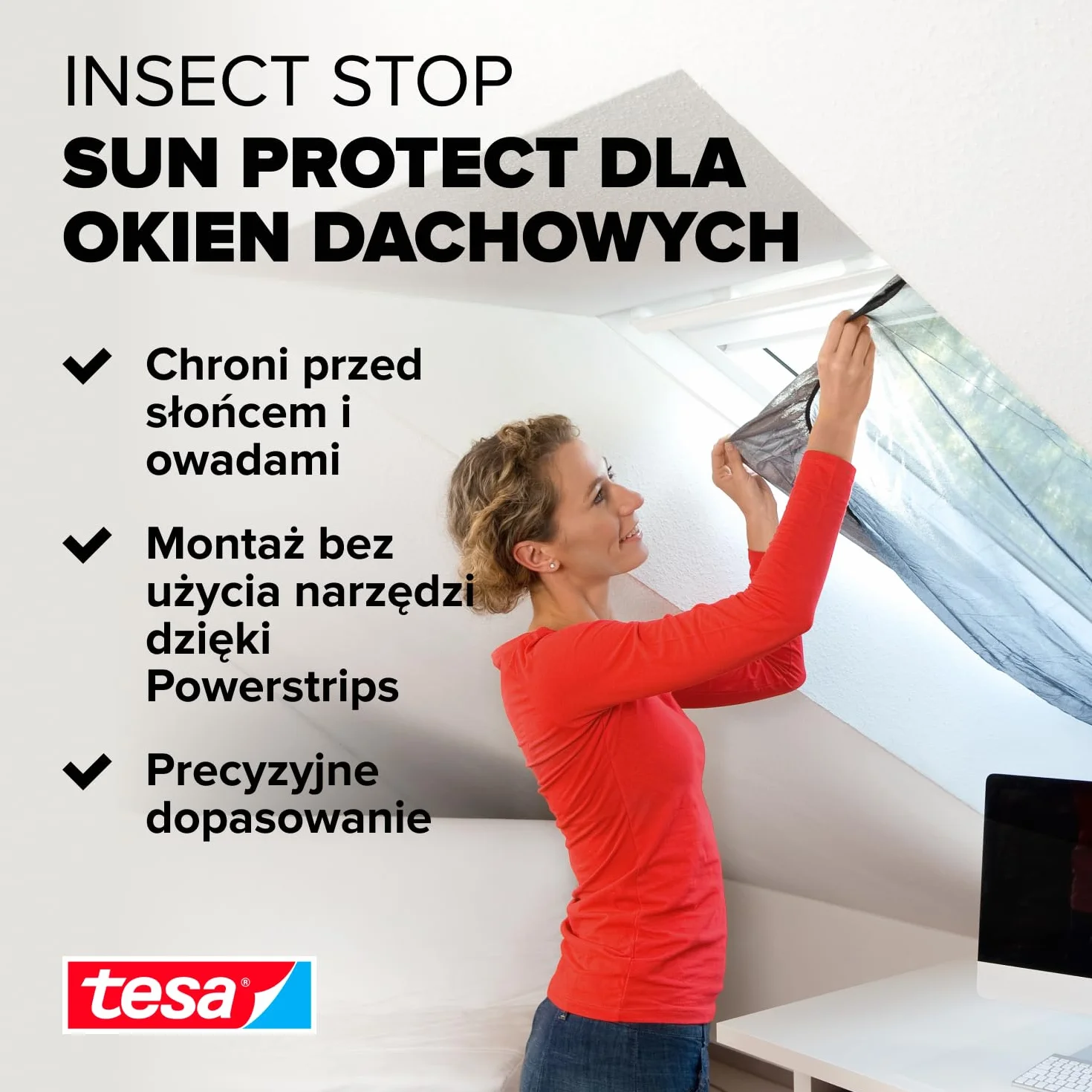 tesa INSECT STOP 2-in-1 Sun Protect and Fly Screen for Roof Windows Premium - siatka z ochroną przeciwsłoneczną do okien dachowych, bez wiercenia, antracyt - 120 x 140 cm