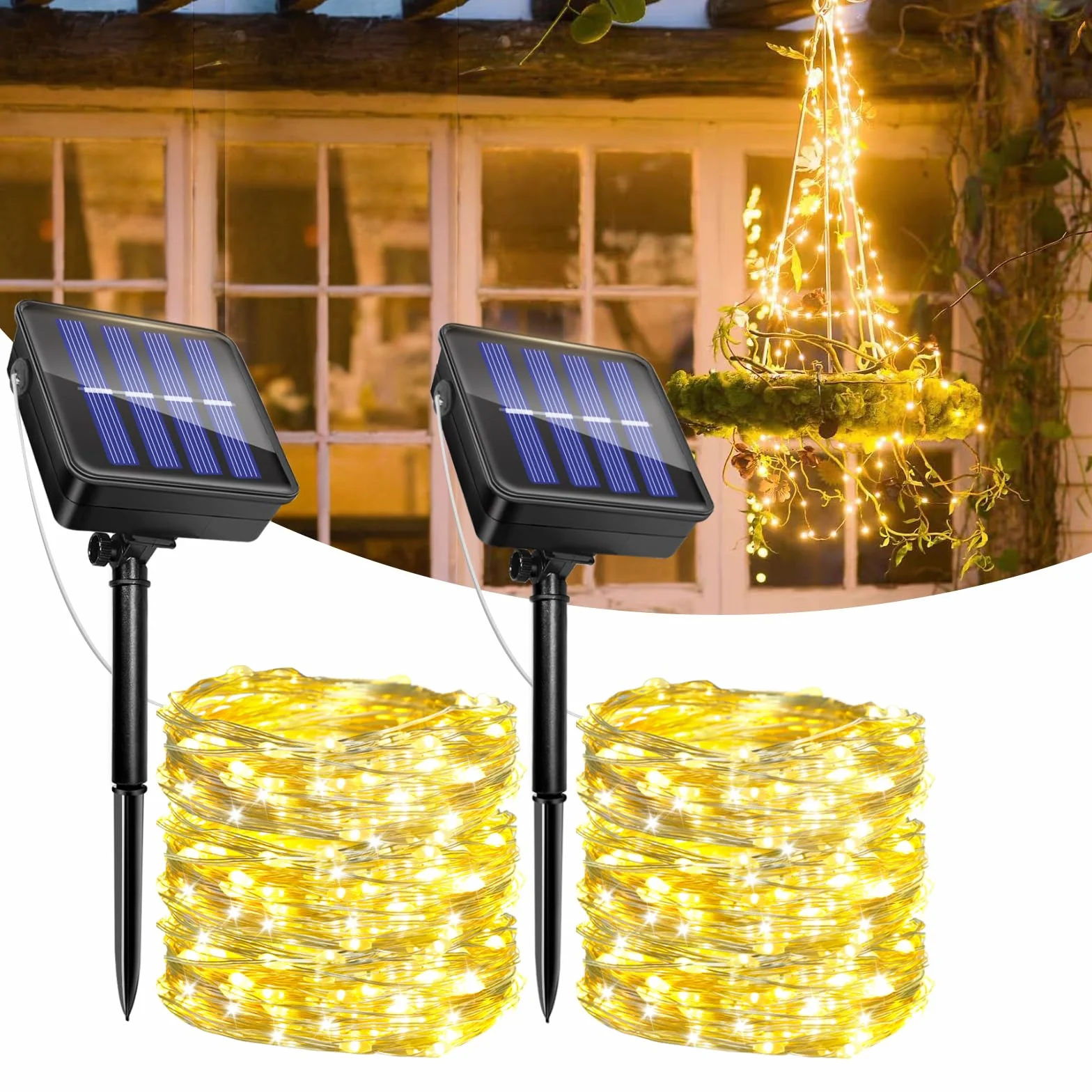 2 sztuki zewnętrznych świateł słonecznych, 12 m + 2 m 120 diod LED, zewnętrzny solarny łańcuch świetlny, 8 trybów, wodoodporny drut miedziany IP65, dekoracja do ogrodu, podwórka, patio, drzewa, Bożego