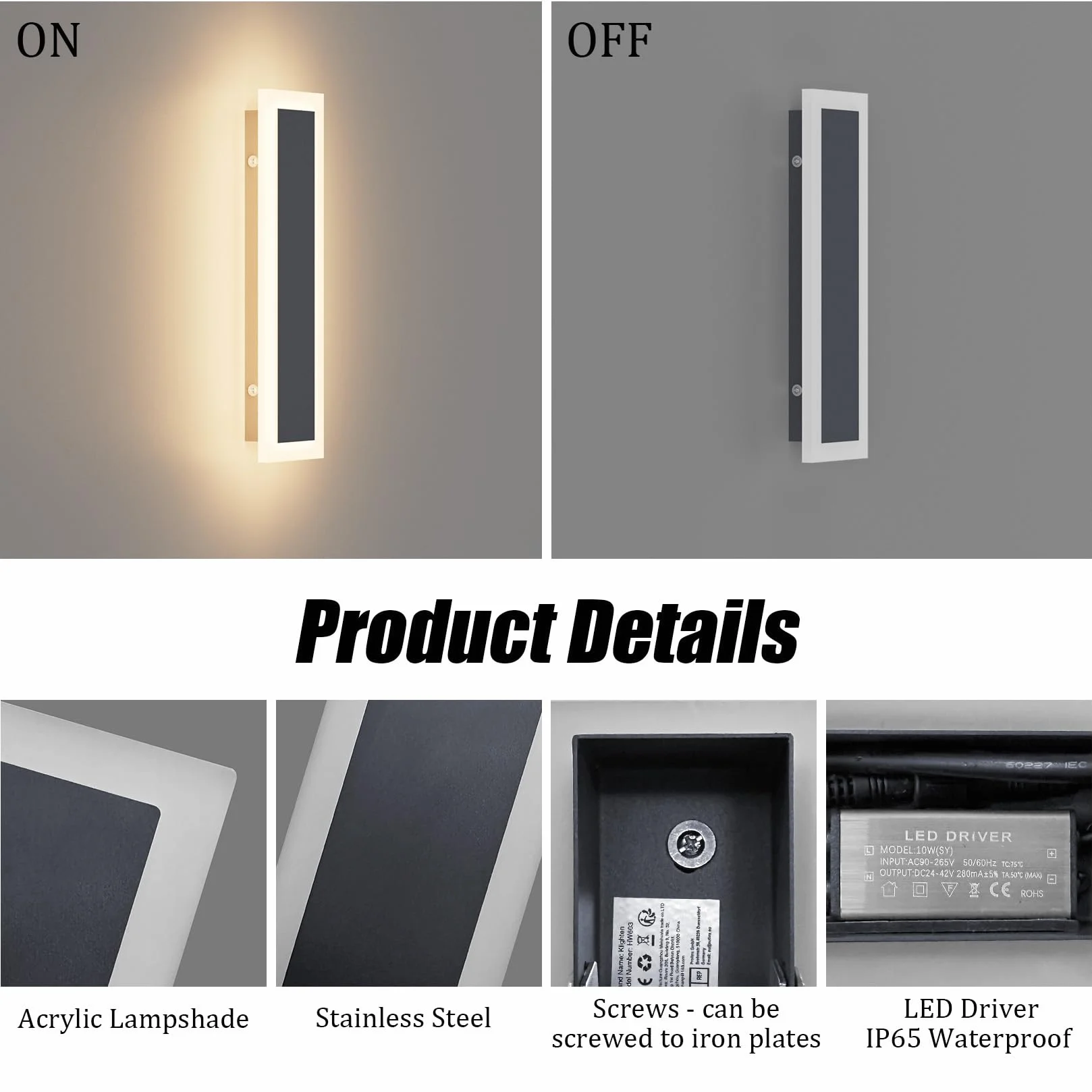 Klighten 2 sztuki LED lampa ścienna zewnętrzna, antracytowa, do użytku na zewnątrz/do wnętrz, nowoczesna lampa zewnętrzna, IP65, lampa zewnętrzna, żelazo akryl, lampa ścienna do ogrodu/tarasu, ciepła