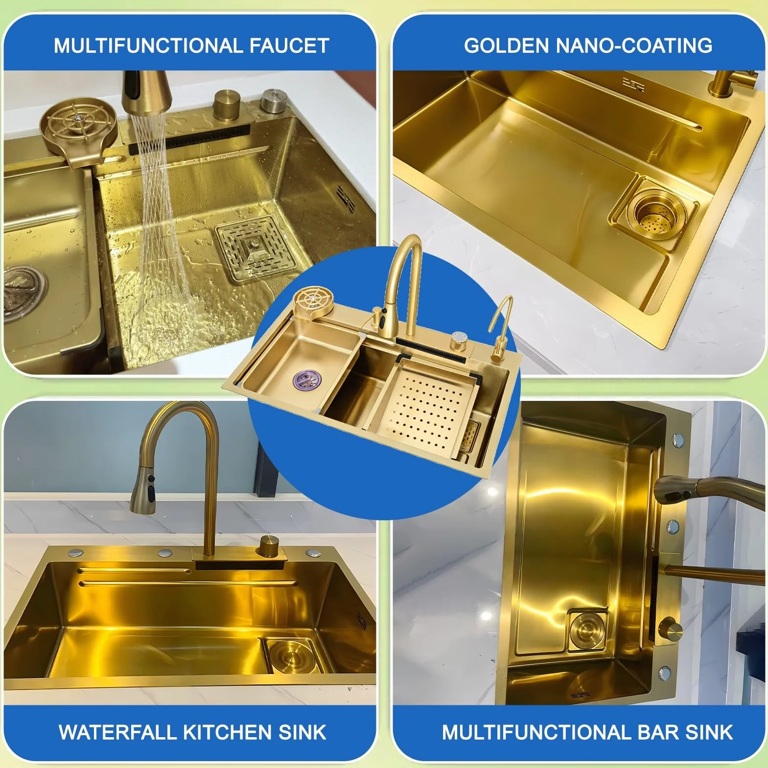 Stainless Steel Waterfall Kitchen Sink Combo With Pull-Out Faucet Nano-Coated Topmount Single Bowl Workstation Sink With Accessories, Pressure Pot Washer, Cutting Board, Draining Basket(Gold,68x45cm)