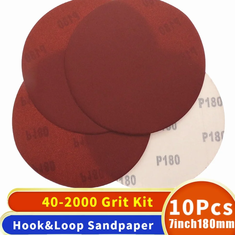 10 szt. 7-calowych 180 mm tarcz szlifierskich, rzep i pętelka, suchy papier ścierny P40-P2000, gradacja do szlifowania i polerowania mebli drewnianych, 600