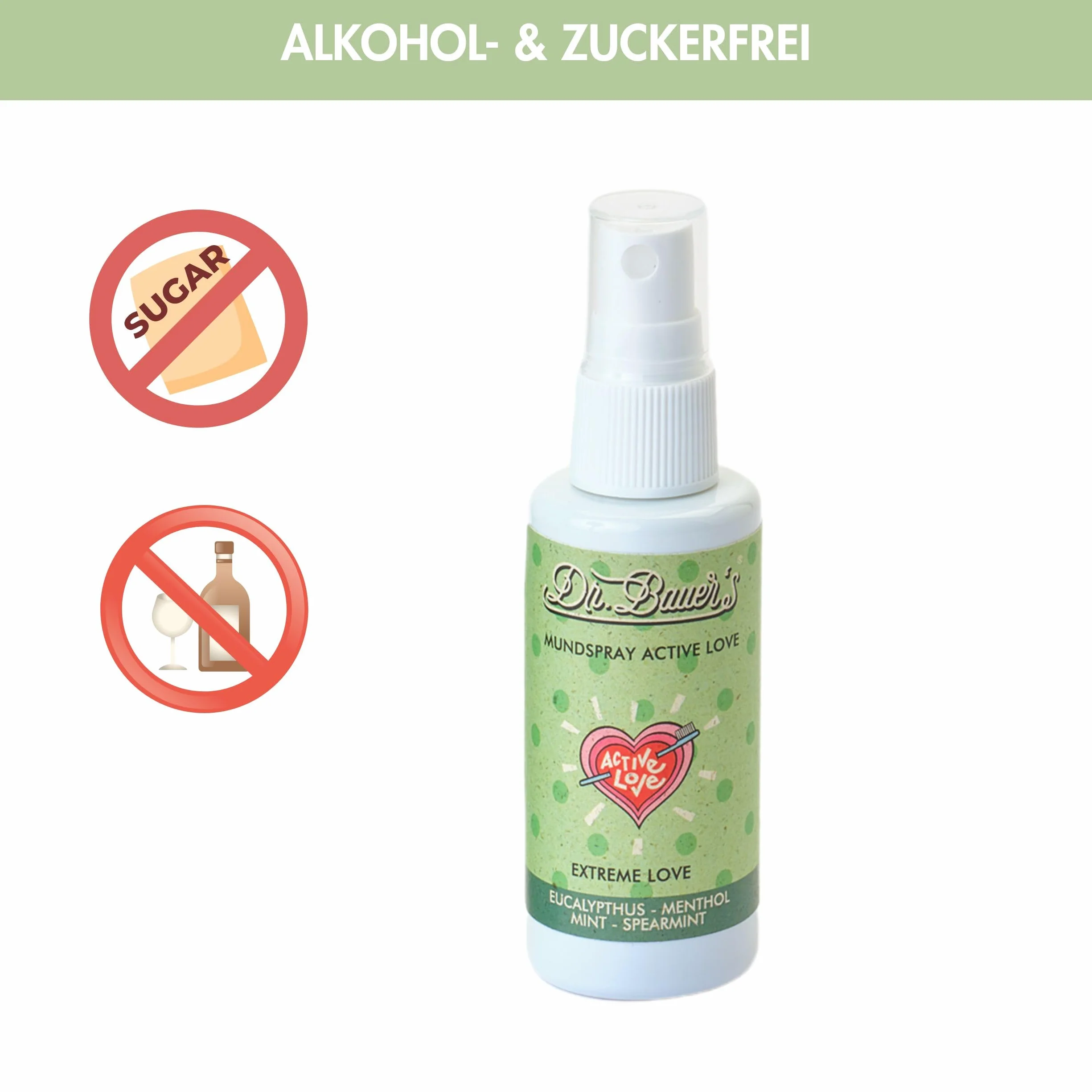 Dr. Bauer's Spray do ust Extreme Love – bardzo mocna świeżość mięty zapewnia natychmiastowy czysty oddech – wegański spray do oddychania bez alkoholu – intensywny i zrównoważony – 50 ml