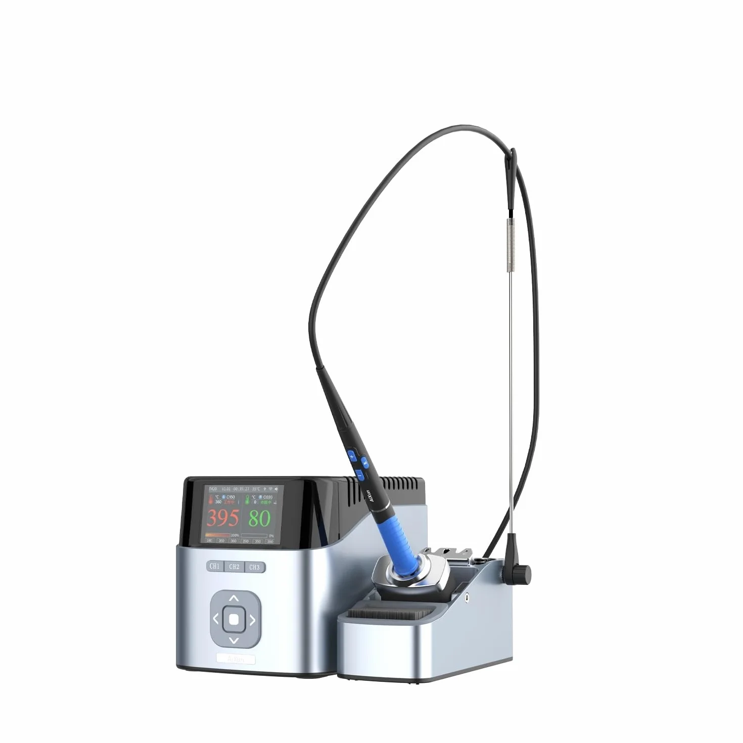 AiXun T420 dwukanałowa inteligentna stacja lutownicza 200 W, zestaw lutownicy elektrycznej 2 w 1 z uchwytem T225 i 3 końcówkami K do lutowania (C030, C080, C150)