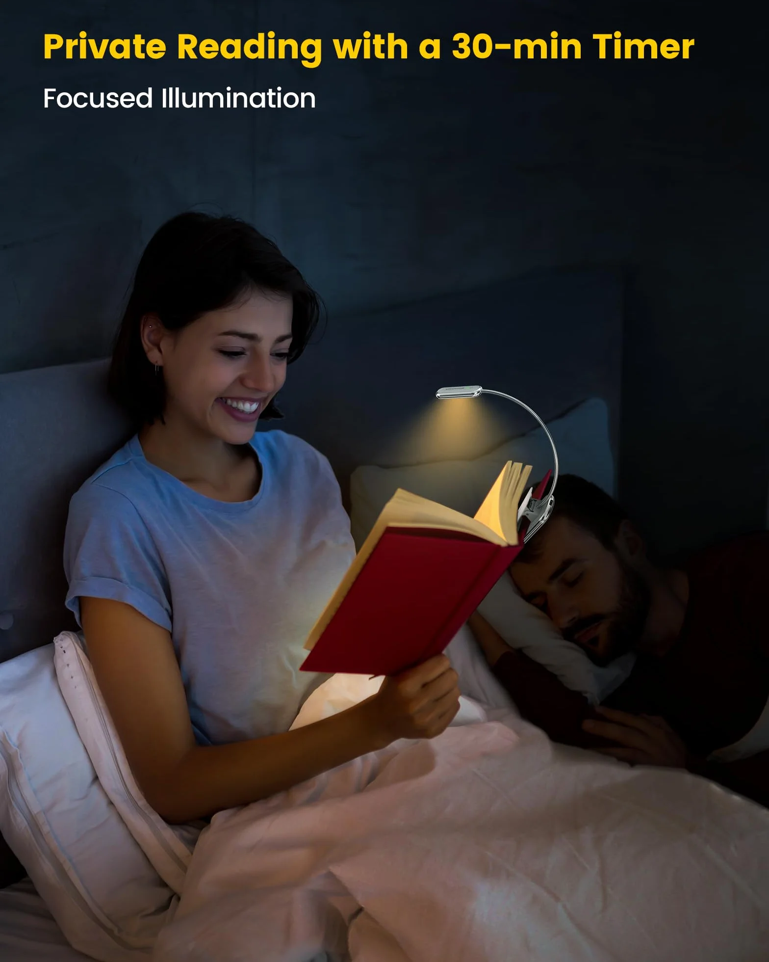 Glocusent Posh Premium lampka do czytania do książek w łóżku z timerem, 16-LED ładowalna lampka do czytania działa 160 godzin, 1800K Eyecare Clip na lampce do czytania, 3 kolory i 5 poziomów jasności (Biały)
