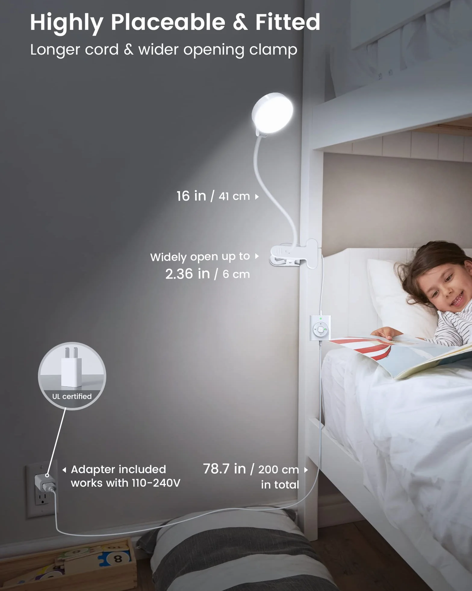 Glocusent Lampka do czytania o mocy 5 W, 36 diod LED, lampka zaciskowa, przyjazna dla oczu lampka do czytania, zacisk, 3 kolory i 5 poziomów jasności, przypinana lampka zaciskowa LED z łabędzią szyją