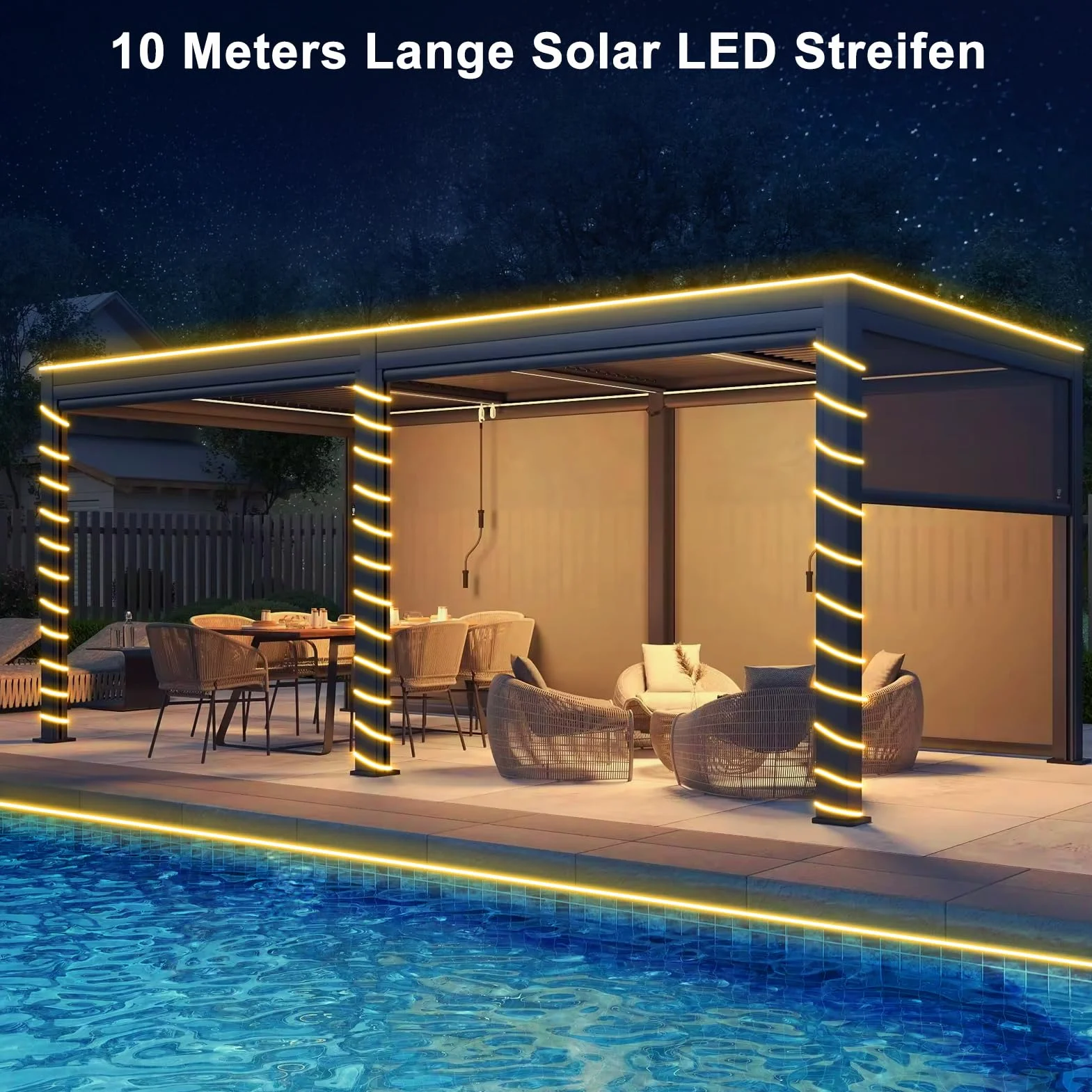 ZAIYW Zewnętrzna taśma solarna 10 m, wodoodporna IP68, 200 diod LED z pilotem zdalnego sterowania włączanie/wyłączanie, podwórko, dekoracja ogrodowa (ciepła biel)