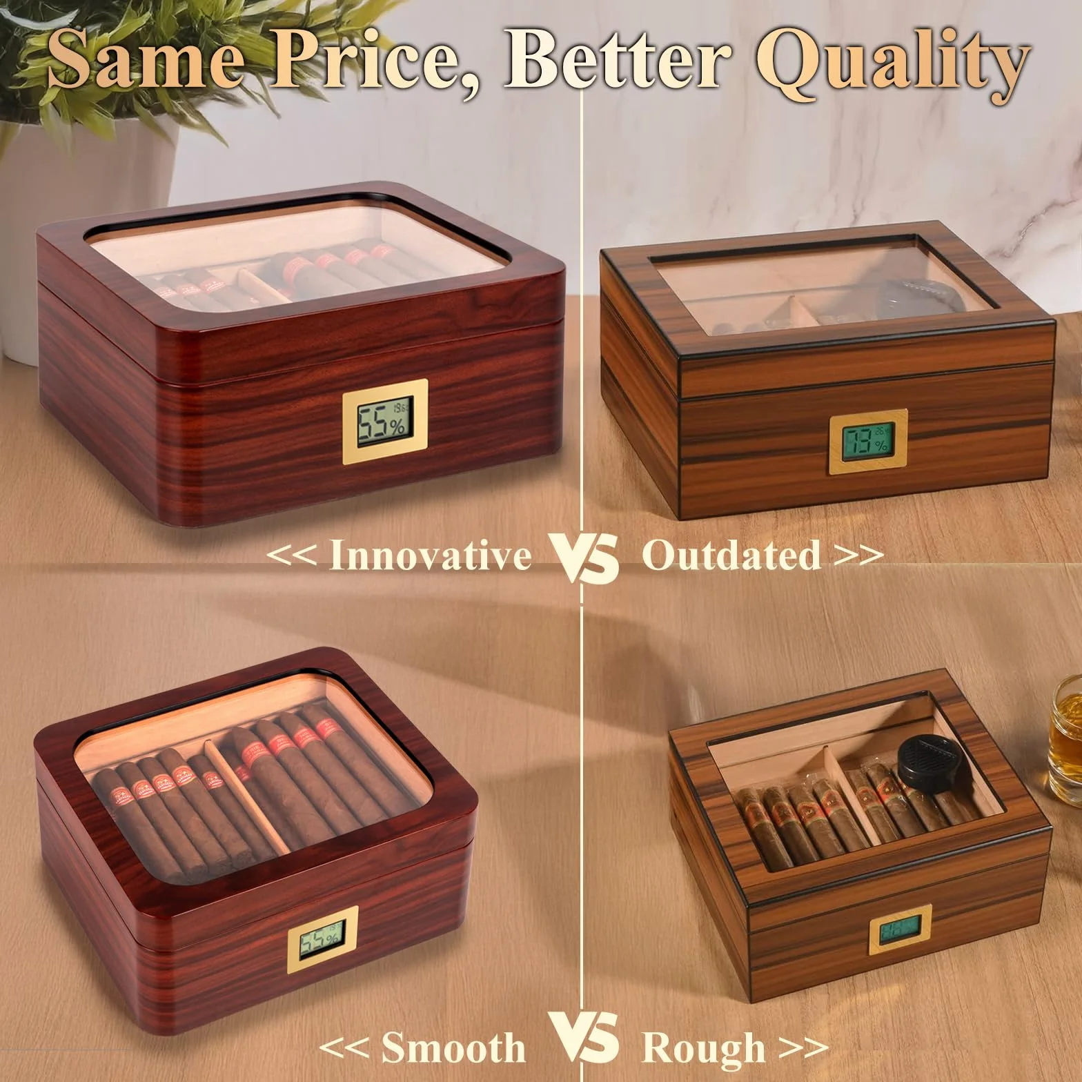 Humidory do cygar, humidory, hiszpańskie cygara, drewniane pudełko na cygara, z nawilżaczem humidorowym, higrometrem, dzielnikiem, prezent dla miłośników cygar (50 cygar)