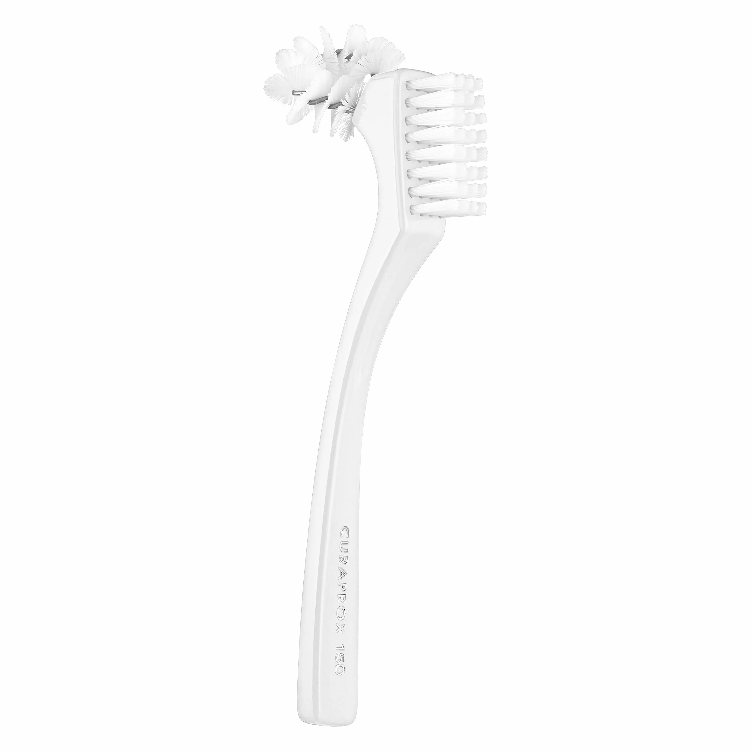 CURAPROX Szczotka do czyszczenia protez BDC-do pielęgnacji protez/konstrukcja szczotki Omega do Trudno Dostępnych miejsc/Ergonomiczny uchwyt, biały/zaprojektowany w Szwajcarii