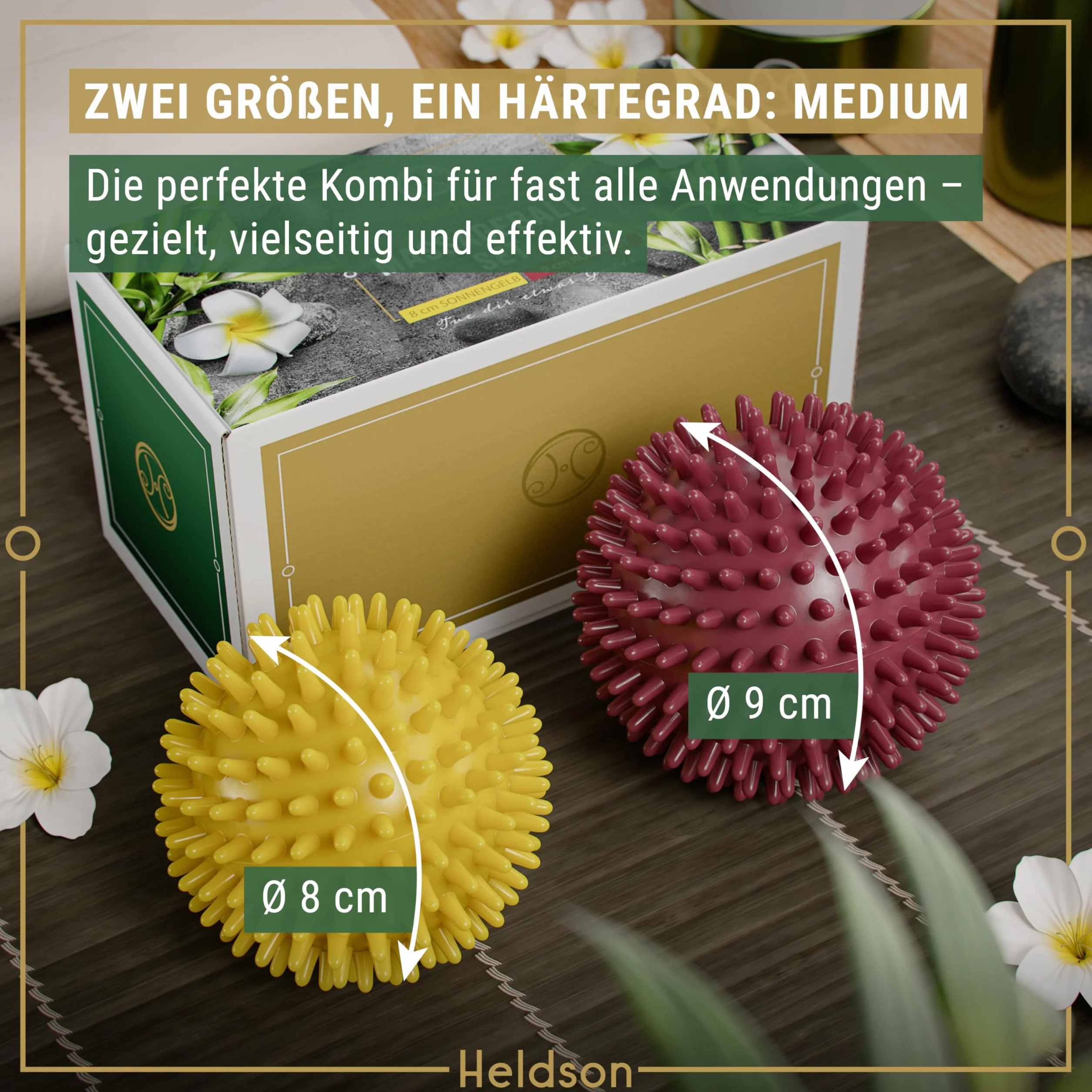 HELDSON Piłka do masażu klasy premium zestaw 2 szt. 8 cm i 9 cm miękka z wypustkami do stóp i powięzi
