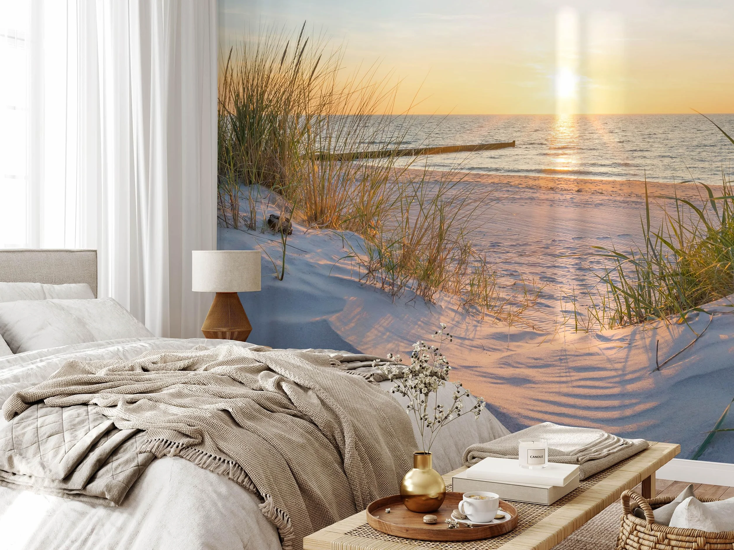 Muralo Fototapeta plaża, morze, wydmy, słońce, niebo, woda, krajobraz, natura, efekt 3D, nowoczesna tapeta ścienna, dekoracja ścienna do salonu, sypialni, jadalni, szer. 312 cm x wys. 219 cm