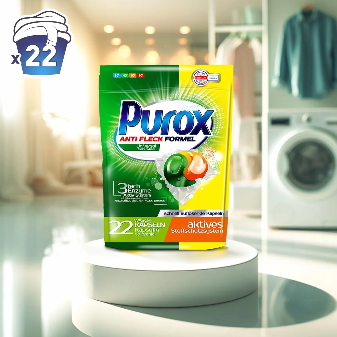 PUROX Uniwersalne kapsułki na pranie (22 sztuki) – kapsułki z detergentem do wszystkich tekstyliów, usuwają plamy, chronią kolory, w pełni zmywalne, przyjazne dla środowiska, Doypack