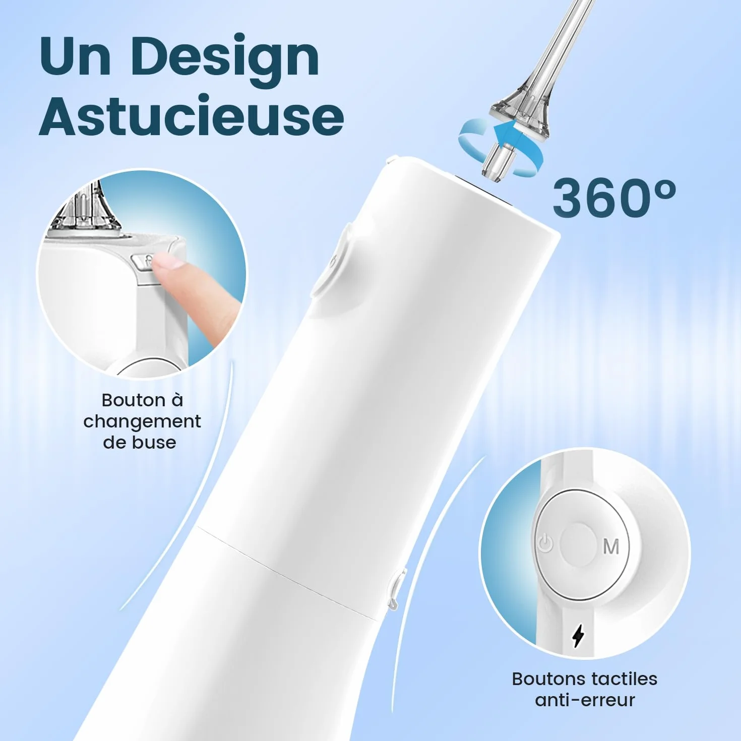AUIEI Przenośny opryskiwacz dentystyczny do wody Flosser, irygator jamy ustnej 5 trybów i 8 dysz, zbiornik 300 ml, ładowany przez USB, wodoodporny IPX 7, odpowiedni do czułych dziąseł, biały