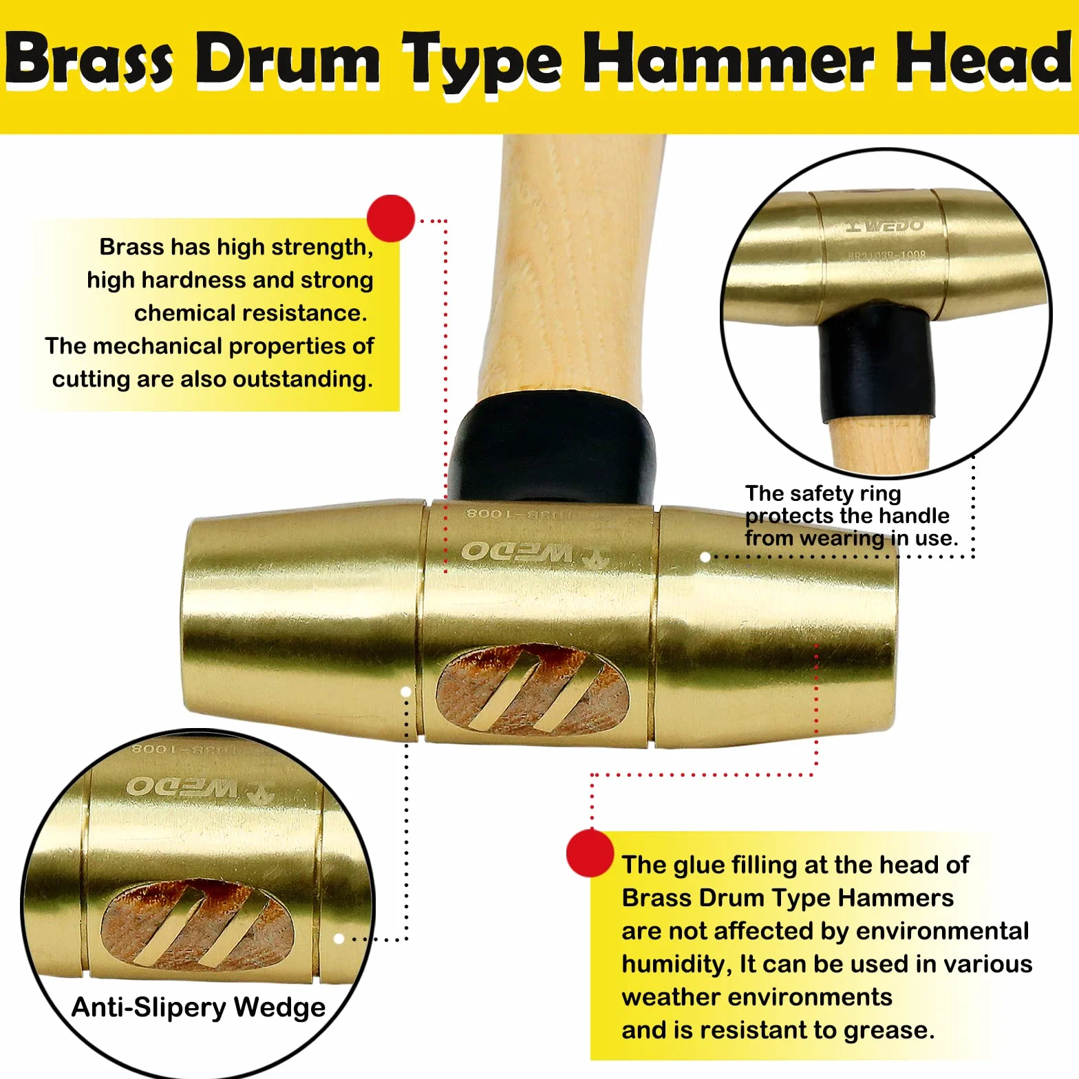 WEDO Club Hammer, młotek kowalski, mosiężny młotek z drewnianym uchwytem, niemagnetyczny, kuty, odporny na korozję, standard DIN, 5 funtów (2250 g), 400 mm