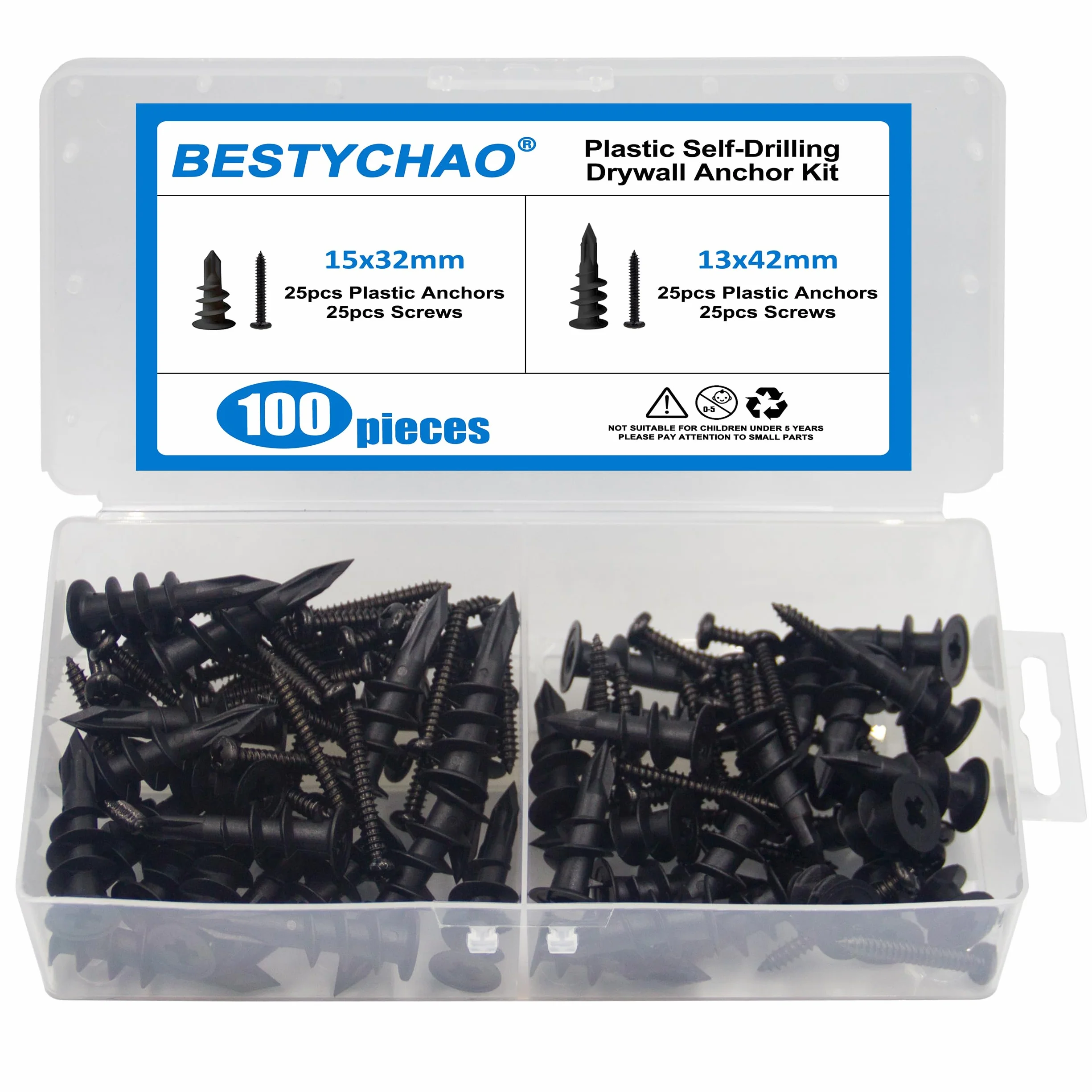 Zestaw kotew i śrub do płyt kartonowo-gipsowych, 50 nylonowych plastikowych kotew ściennych i 50 śrub, 2 rozmiary, zestaw kotew samowiercących do ścian z płyt gipsowo-kartonowych, czarne