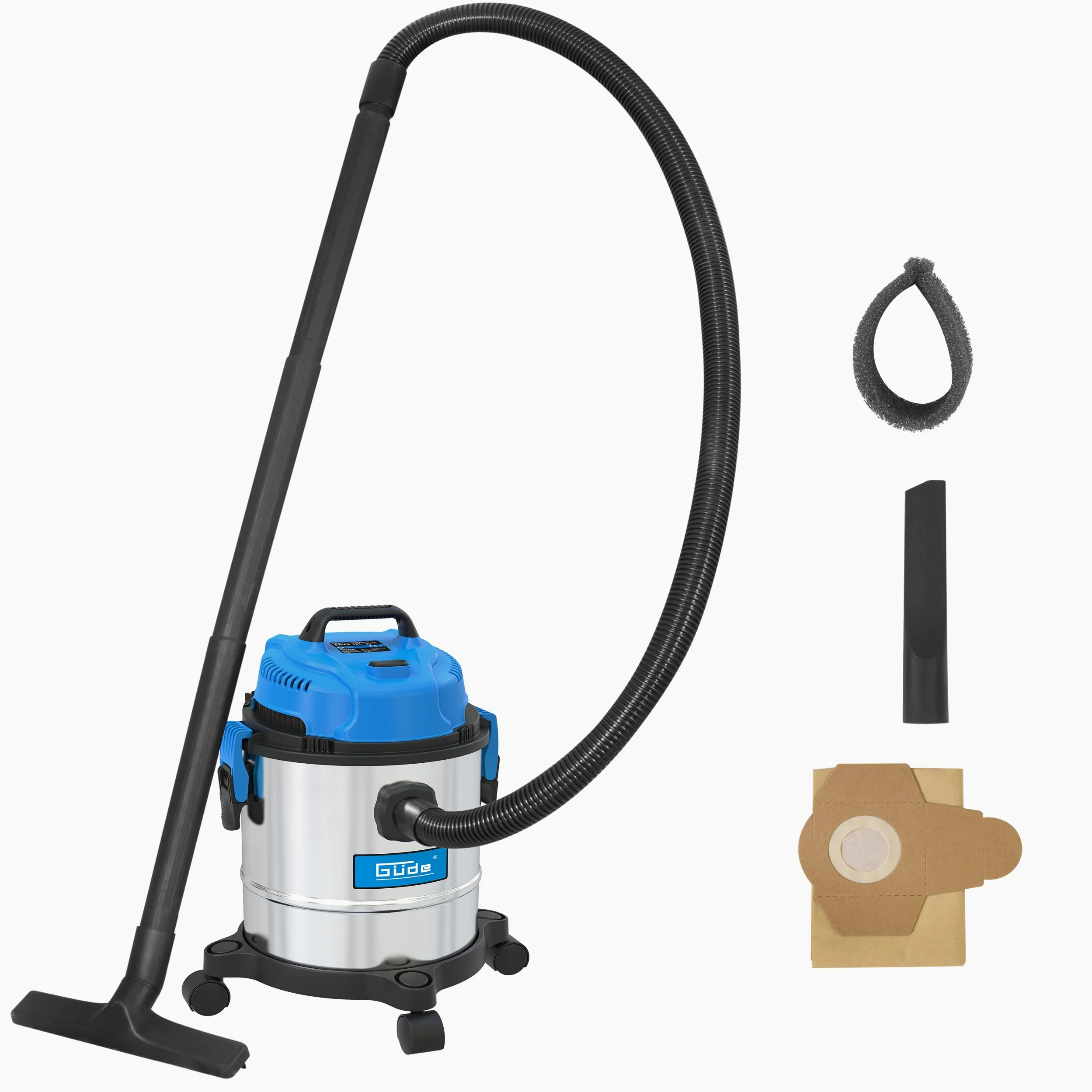 Güde Odkurzacz do mokrych i suchych GNTS 12 l (220-240 V, 1200 W, 180 mbar, maks. pod spodem., przepływ powietrza 96 m³/h, 3 w 1, 12 l ze stali nierdzewnej, w zestawie wąż ssący 1,5 m, 3-częściowy wąż