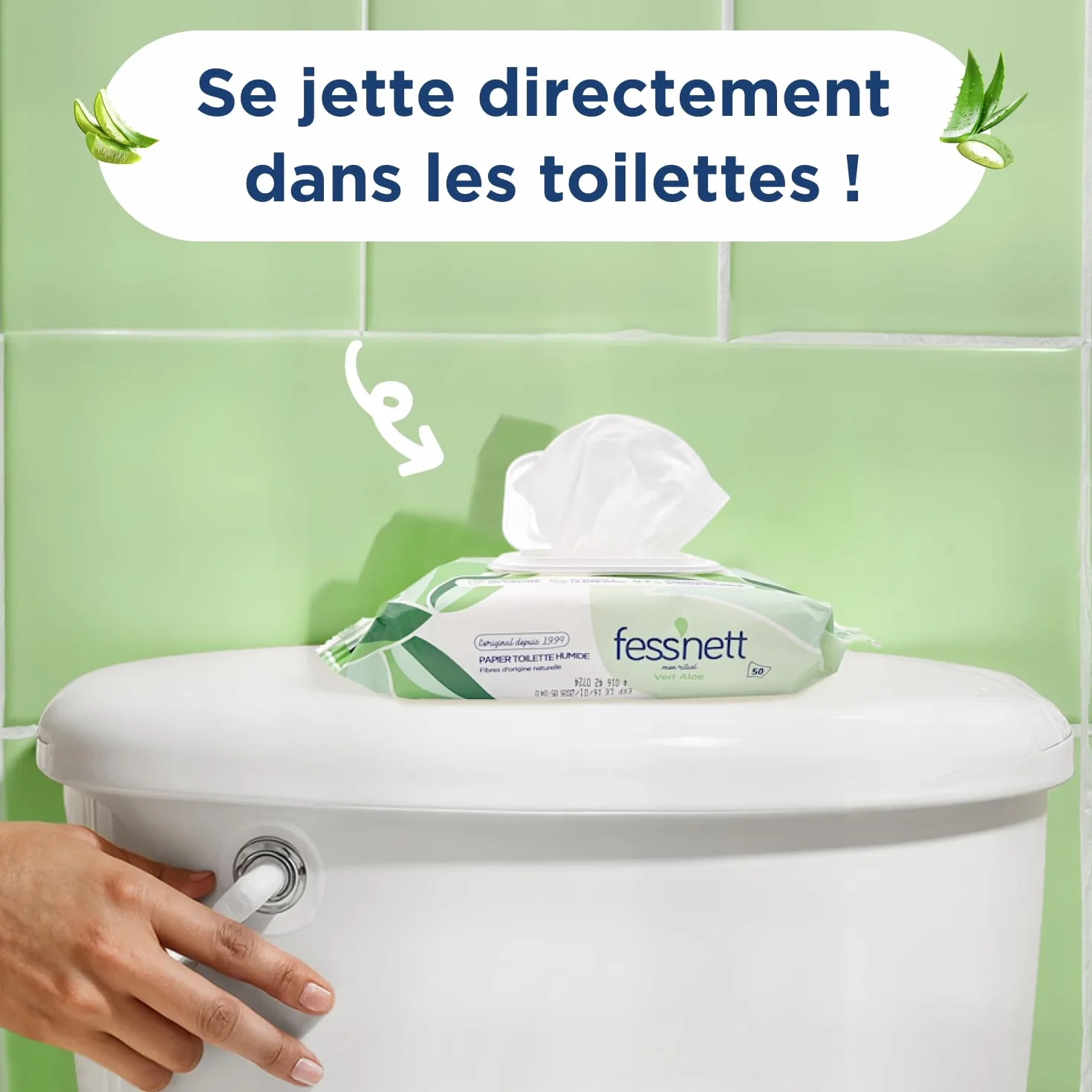 Fess'nett papier toaletowy, wilgotny, pocket, zielony, aloes, 50 sztuk – testowany dermatologicznie 0% parabenów, 0% fenoksyetanolu – do skóry normalnej
