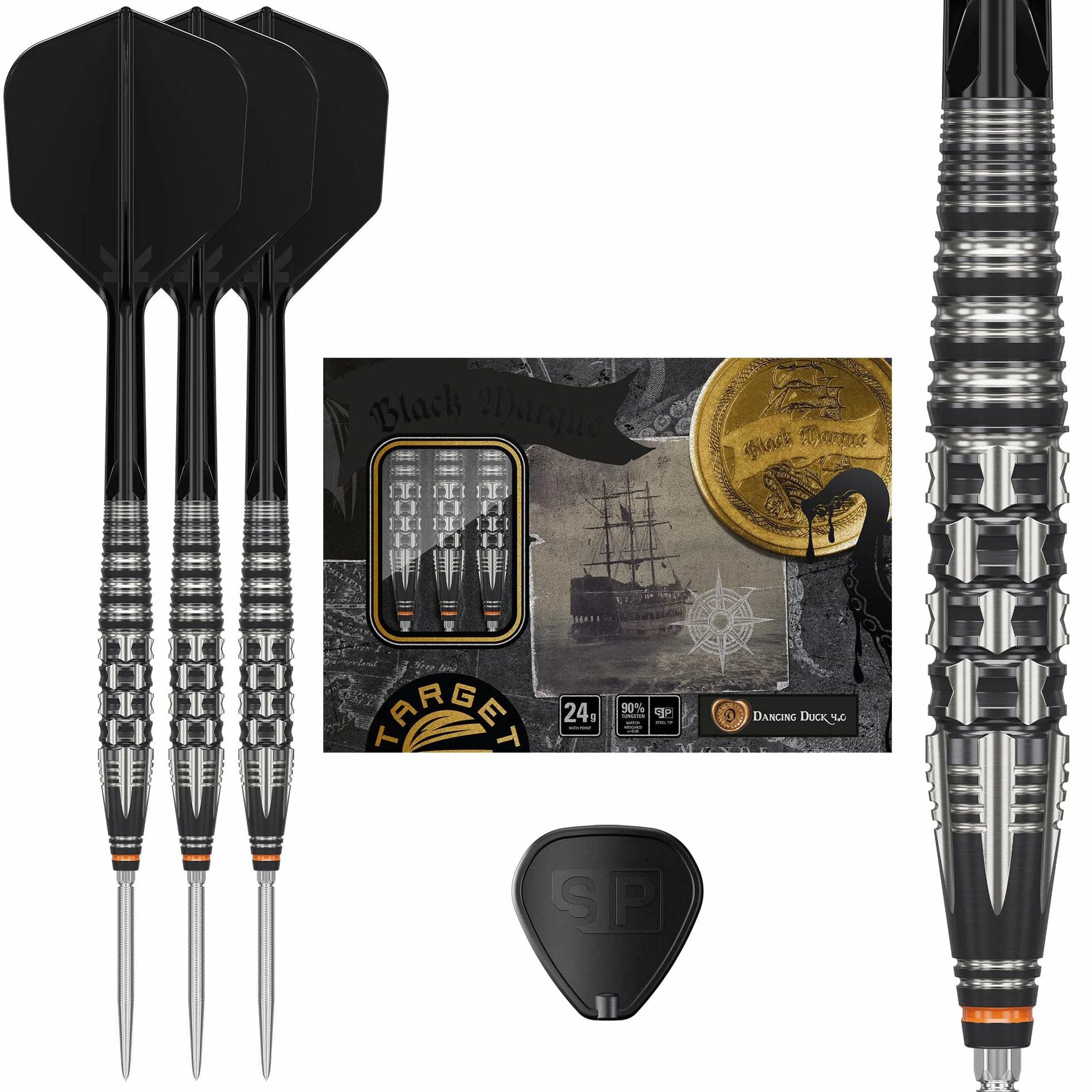 Target Japan Black Marque Dancing Duck G4 90% Tungsten K-Flex Swiss Point Steel Tip Darts Set, 24G | Yuya Higuchi Dart Flight, Swiss Nano Points, K Flex No.6 Shape Flights en Shafts