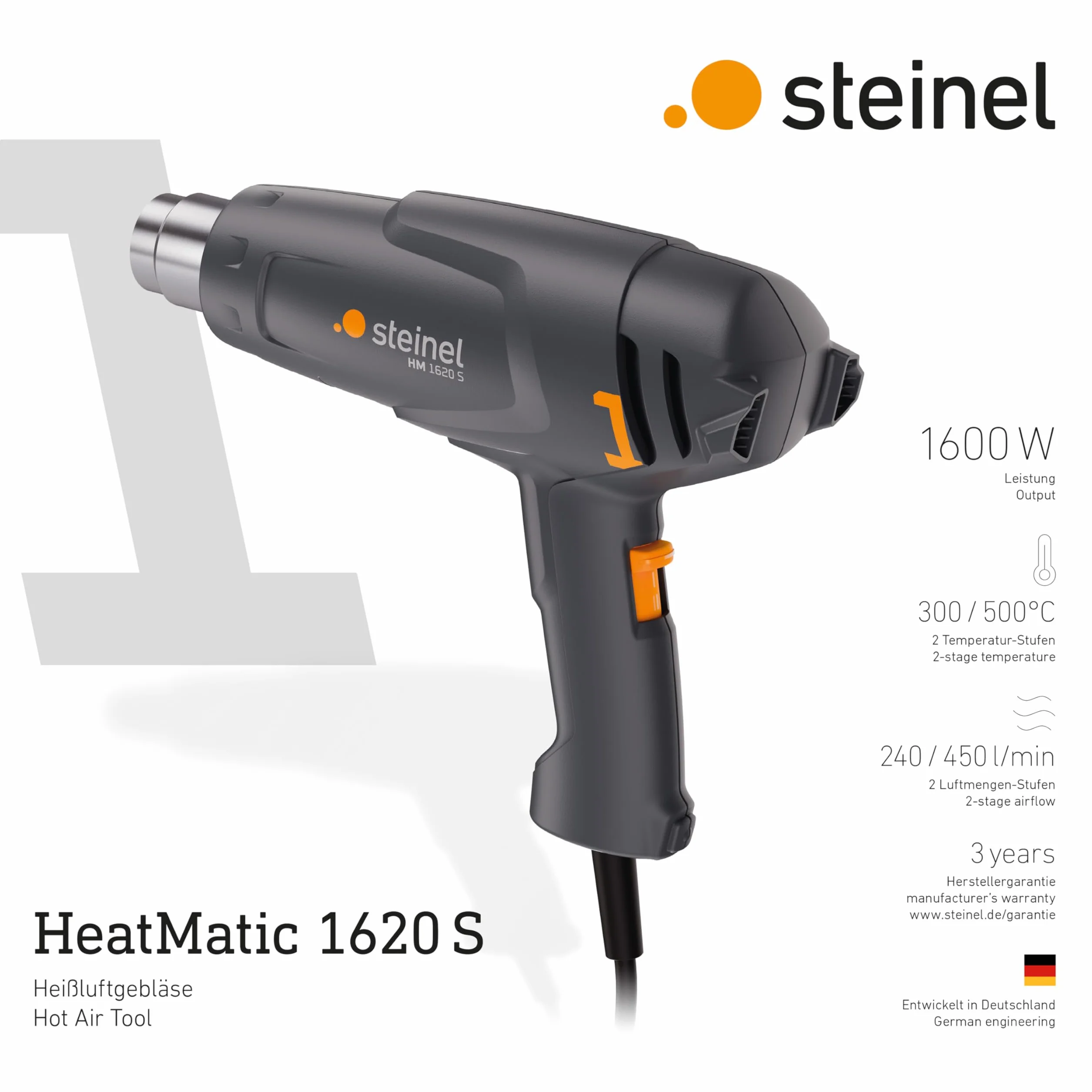 Steinel Pistolet grzewczy HM 1620 S, 1600 W, dwa poziomy temperatury 300°/500°C, pistolet na gorące powietrze do suszenia, obkurczania, rozmrażania