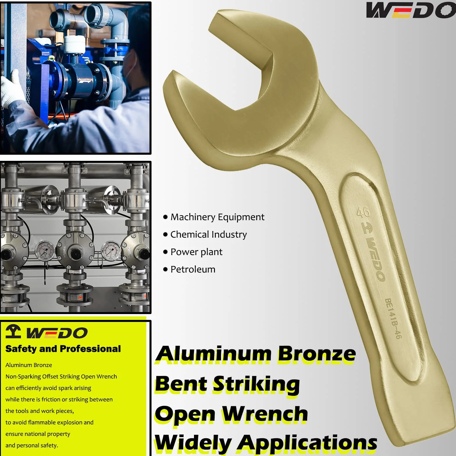 WEDO Nieiskrzący wygięty klucz uderzający z otwartym końcem 45 stopni, klucz bezpieczeństwa, brąz aluminiowy, standard DIN, certyfikat BAM i FM, 7,6", 190 mm x 32 mm
