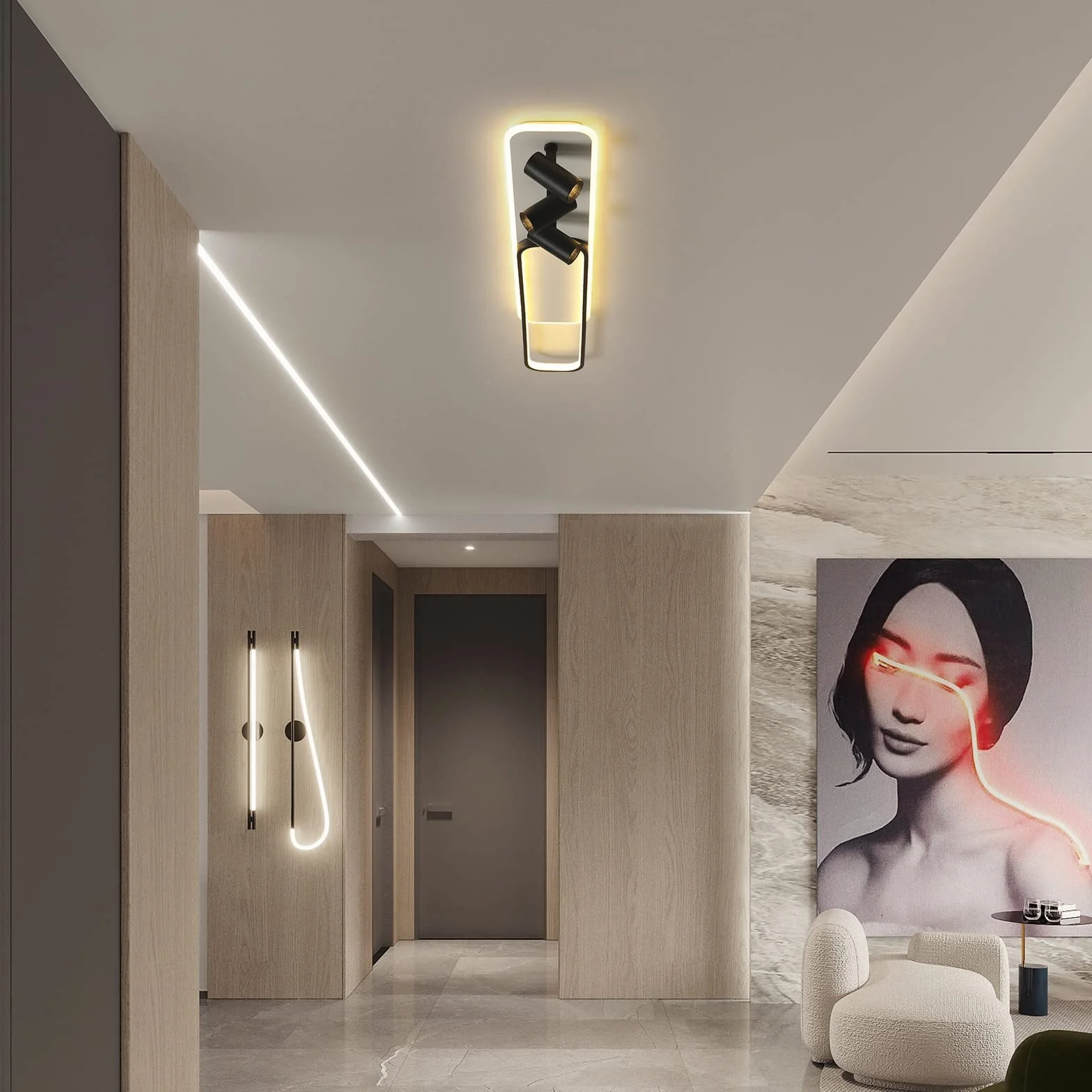 Oninio Nowoczesna lampa sufitowa, 3-punktowa szyna świetlna Czarny akryl z białą geometryczną lampą sufitową Możliwość przyciemniania Pilot Salon Sypialnia Kuchnia Jadalnia
