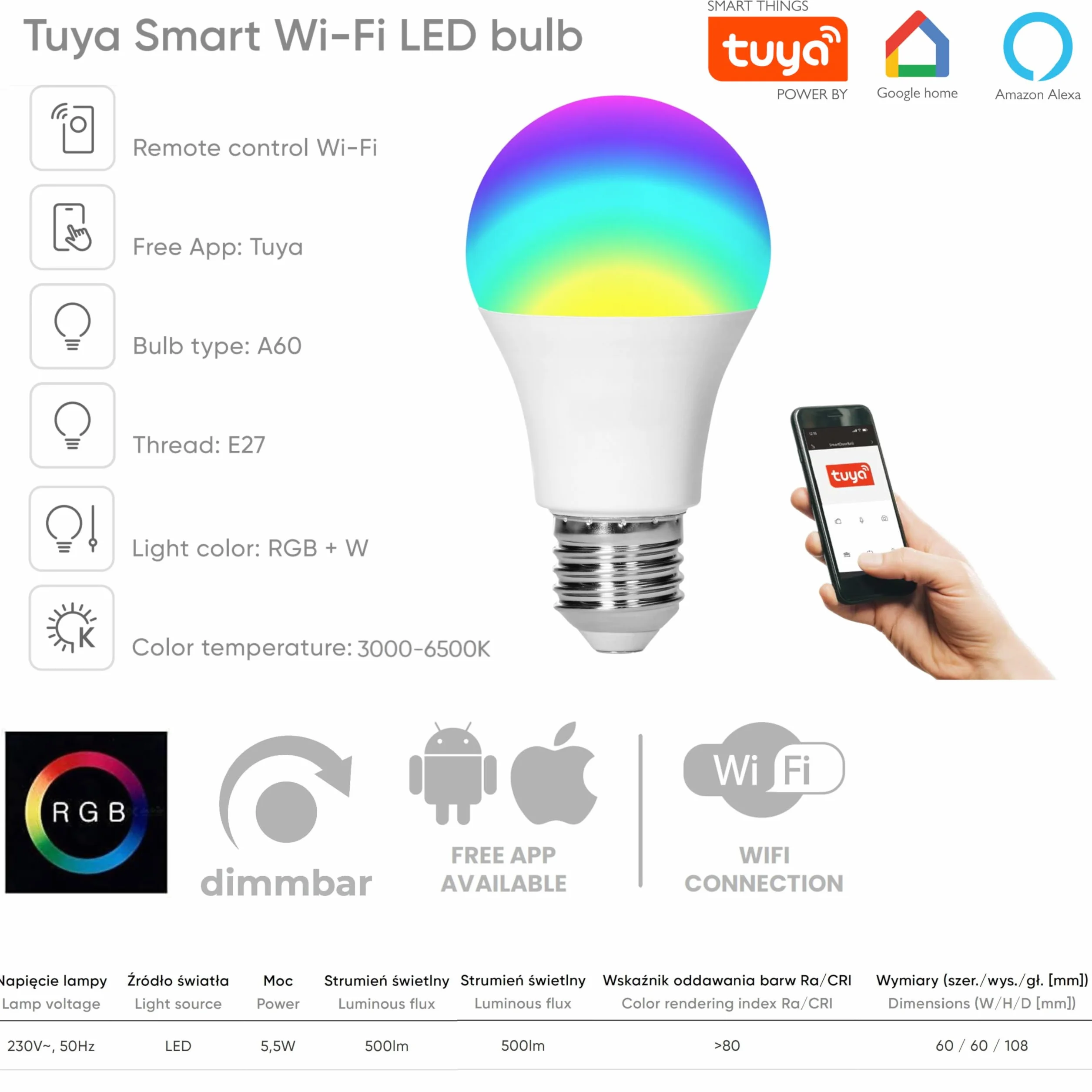 Tuya Smart LED RGB CCT żarówka E27 ściemnialna
