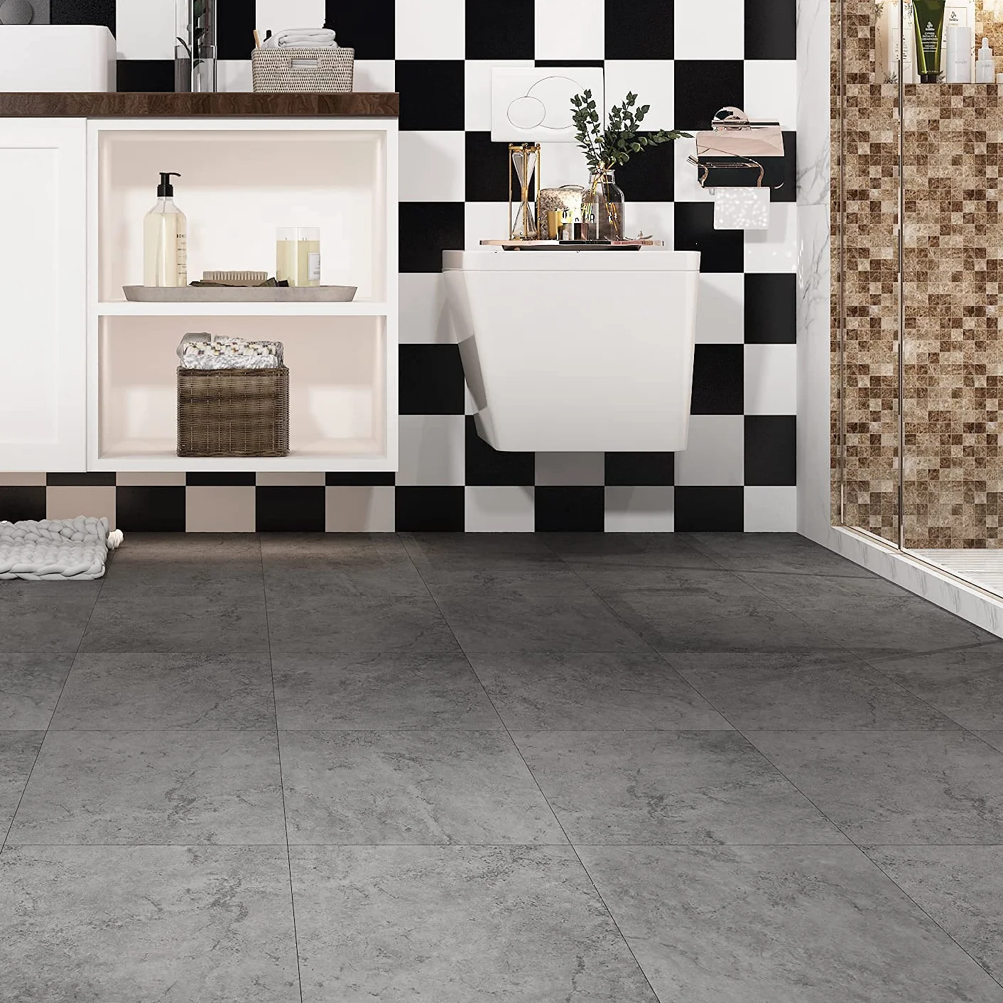Livelynine 32 szt. płytki podłogowe samoprzylepne winylowe płytki podłogowe szare 30 x 30 odkleić i przykleić winylowe płytki podłogowe wodoodporne podłogi kuchenne płytki podłogowe łazienkowe samoprzylepne płytki podłogowe efekt szary kamienia