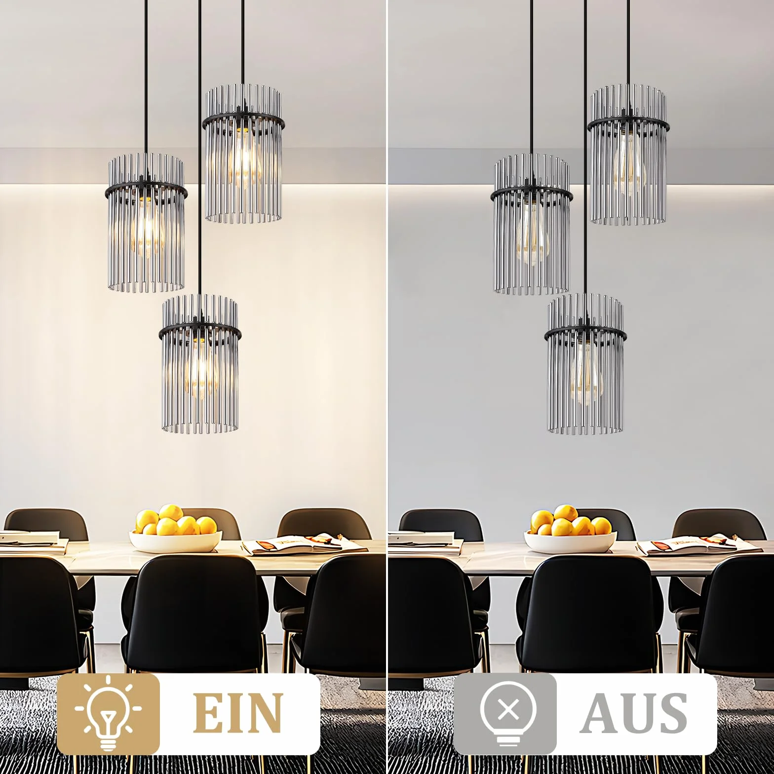 Lampa Wisząca Stół Jadalny Czarna szklany E27 nowoczesna Lampa | Kuchenna 3-punktowa z regulacją Ø 16 cm żyrandol do jadalni salon sypialnia baru i kuchni (bez żarówek)