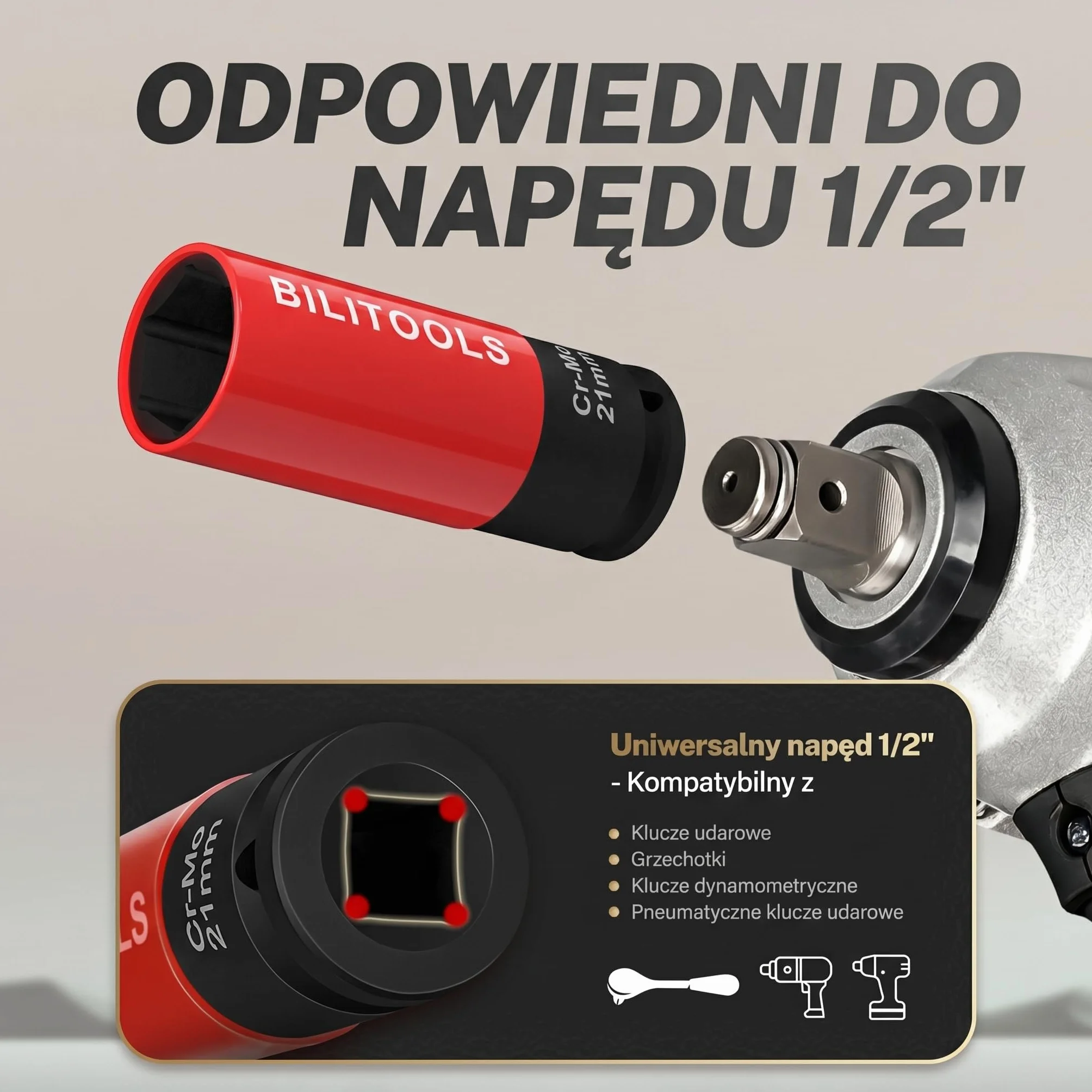 BILITOOLS 1/5.1 cm zestaw nasadek nasadowych z nasadką udarową, 15 17 19 21 22 mm niebrudzące się cienkie koło ścienne osłona nakrętki nasadowej