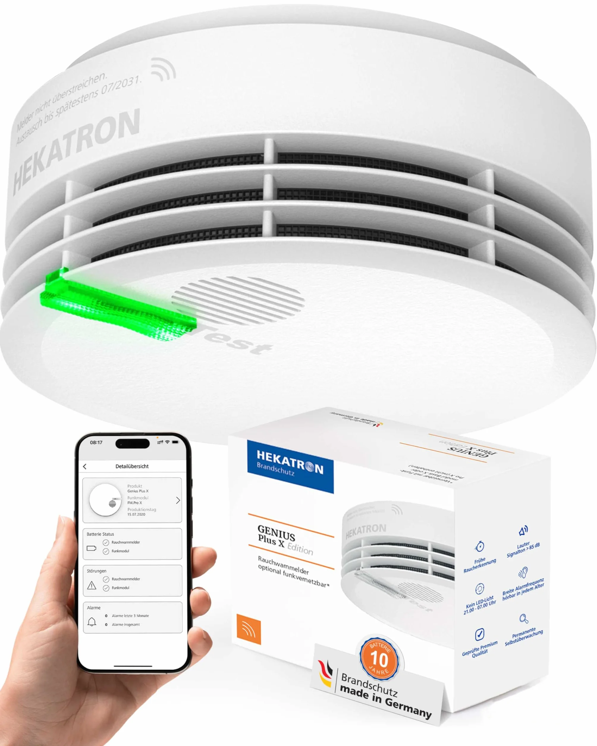 Hekatron Rauchmelder Genius PLUS X Edition 2021 funk-vernetzbarer Brandmelder Rauchwarnmelder 10 Jahre-Batterie LED mehrfarbig App-Unterstützt Amazon Exclusive 1 Stück