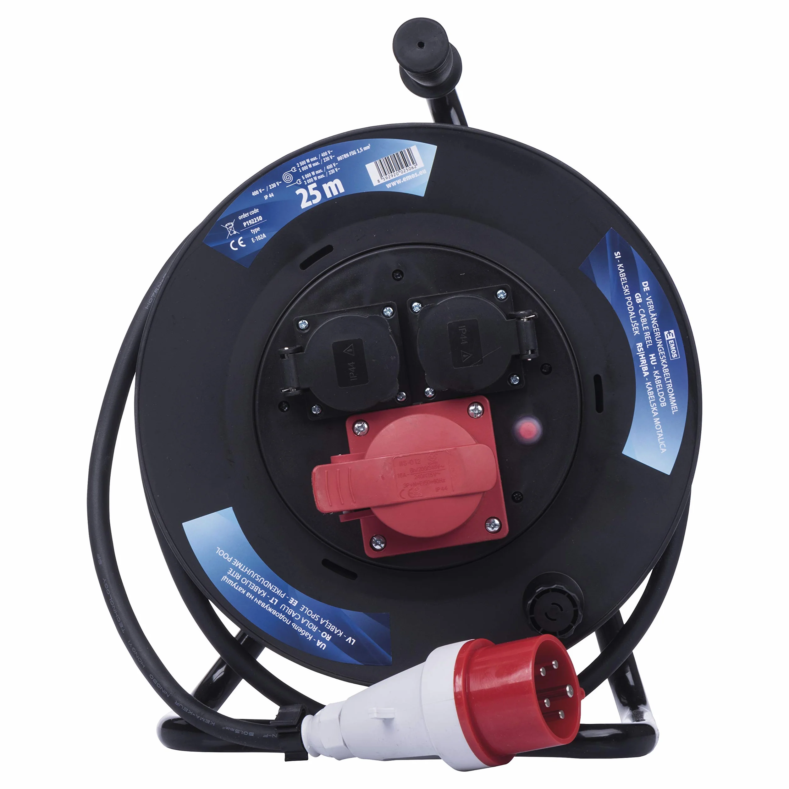 EMOS - Bęben kablowy CEE 25 m - 3 gniazda (1 CEE, 2 Schuko) - wodoszczelny - 230 V/400 V, 13 A, 3000 W/5000 W - izolacja gumowa - H07RN-F 1,5 mm2 - IP44 do użytku na zewnątrz i na kemping