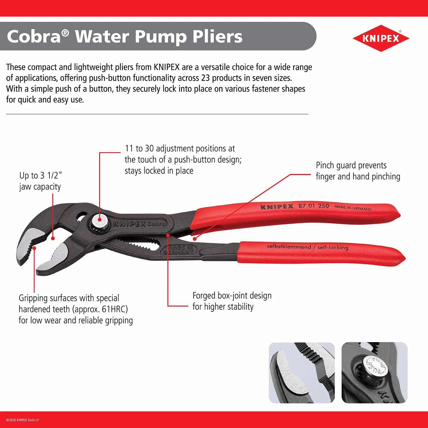 KNIPEX Narzędzia - szczypce do pomp wodnych Cobra (8701125), 13 cm, czerwone i srebrne