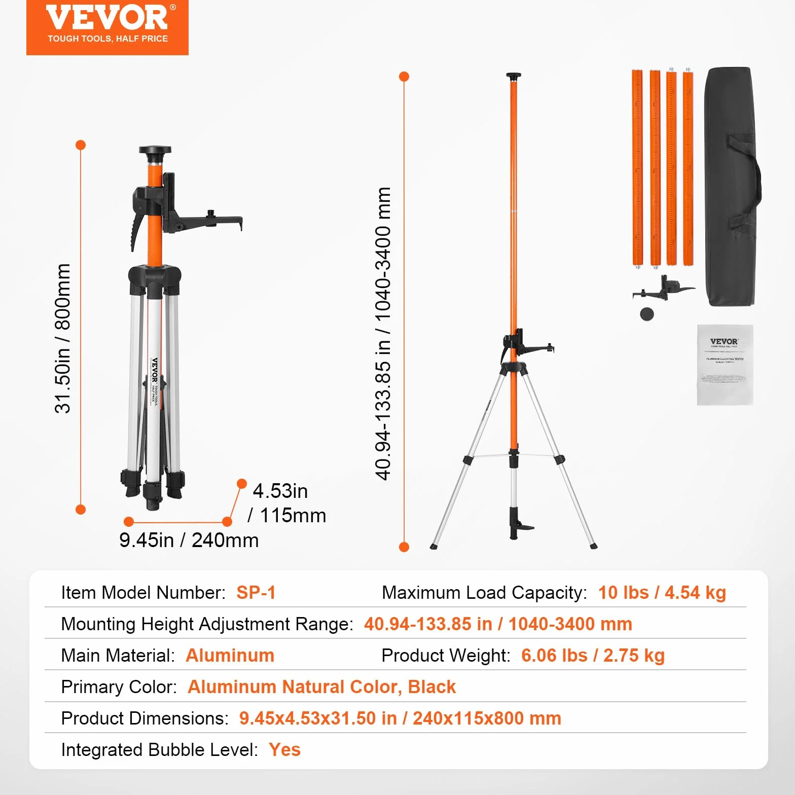 VEVOR Statyw do poziomowania laserowego, mocowanie gwintu 1/10.2 cm-20 i 5/20.3 cm-11, regulacja wysokości 104-340 cm, z bąbelkami poziomu i wytrzymałym stojakiem, wysuwany słup, lekki aluminiowy