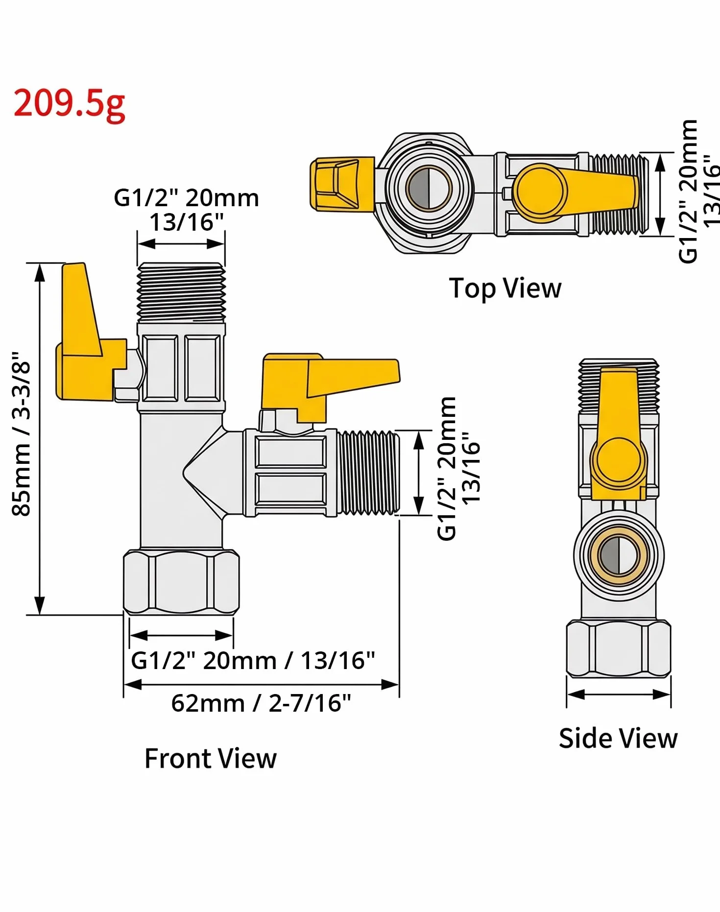 QWORK® 3 drogowy zawór przełączający, zawór adaptera G1/2" T, z zaworem odcinającym, mosiądz, odpowiedni do kuchni, łazienek