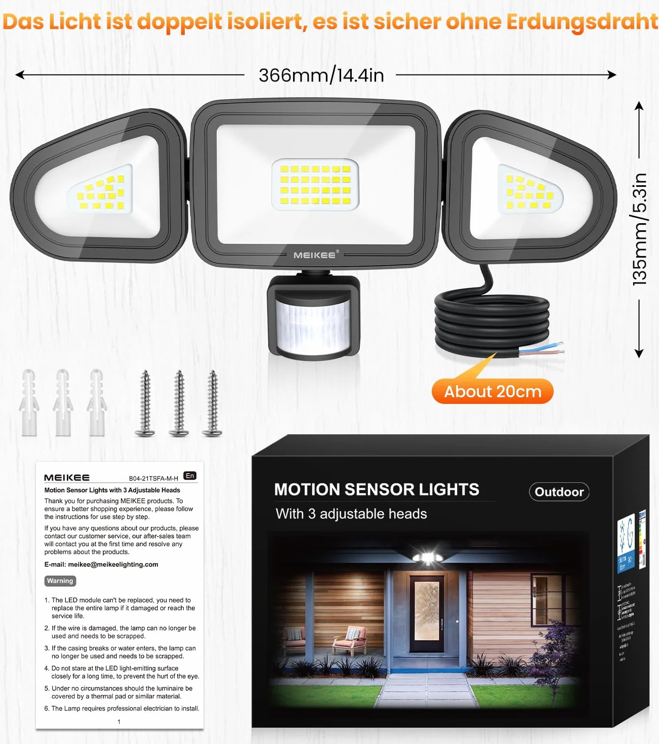MEIKEE Reflektor LED z czujnikiem ruchu, 42 W, 4200 lm, reflektor zewnętrzny IP65, światło reflektorowe 6500 K, trzy głowice, regulacja 180°, światło bezpieczeństwa do garażu, ogrodu, na taras, podwórko
