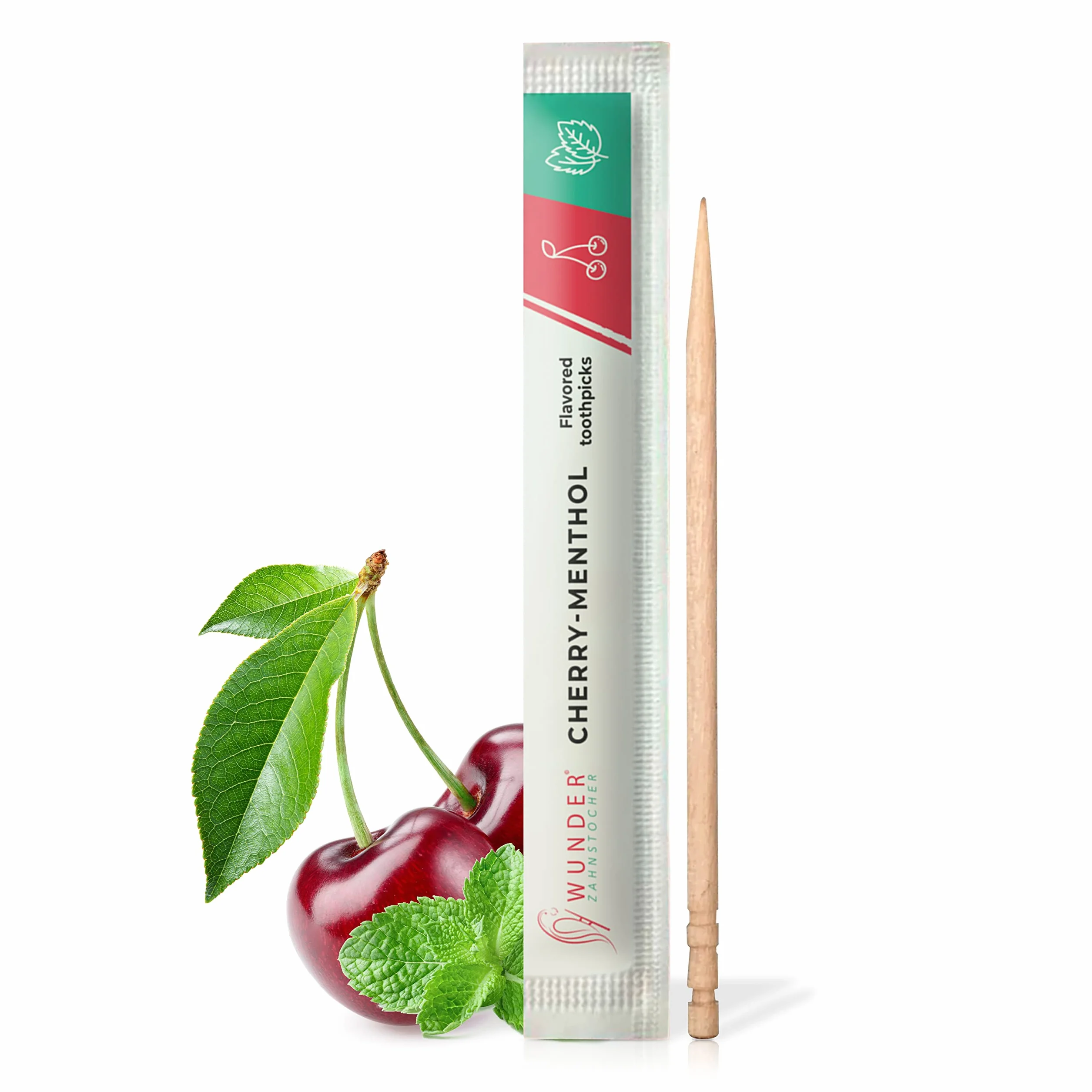 Wunder Wykałaczki o aromacie - 100x indywidualnie zapakowane wykałaczki - dostępne w 7 orzeźwiających smakach - delikatna higiena jamy ustnej - świeży oddech - indywidualnie zapakowane wykałaczki o aromacie (Wiśnia - Mentol)