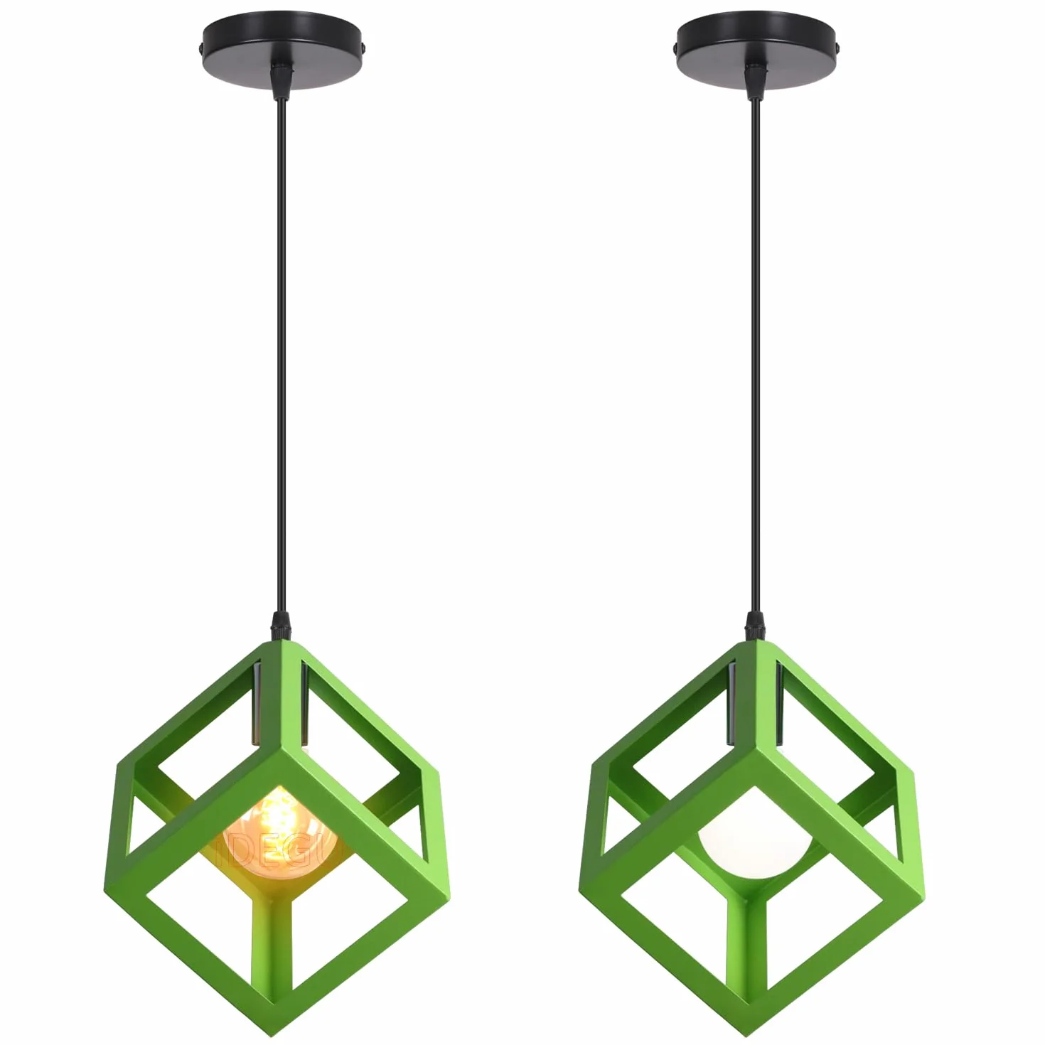 iDEGU Zestaw 2 nowoczesnych lamp wiszących, żyrandol, kształt sześcianu, geometryczny styl metalowy klosz lampy E27, wiszące oświetlenie do sypialni, salonu, restauracji - 16 cm, zielony