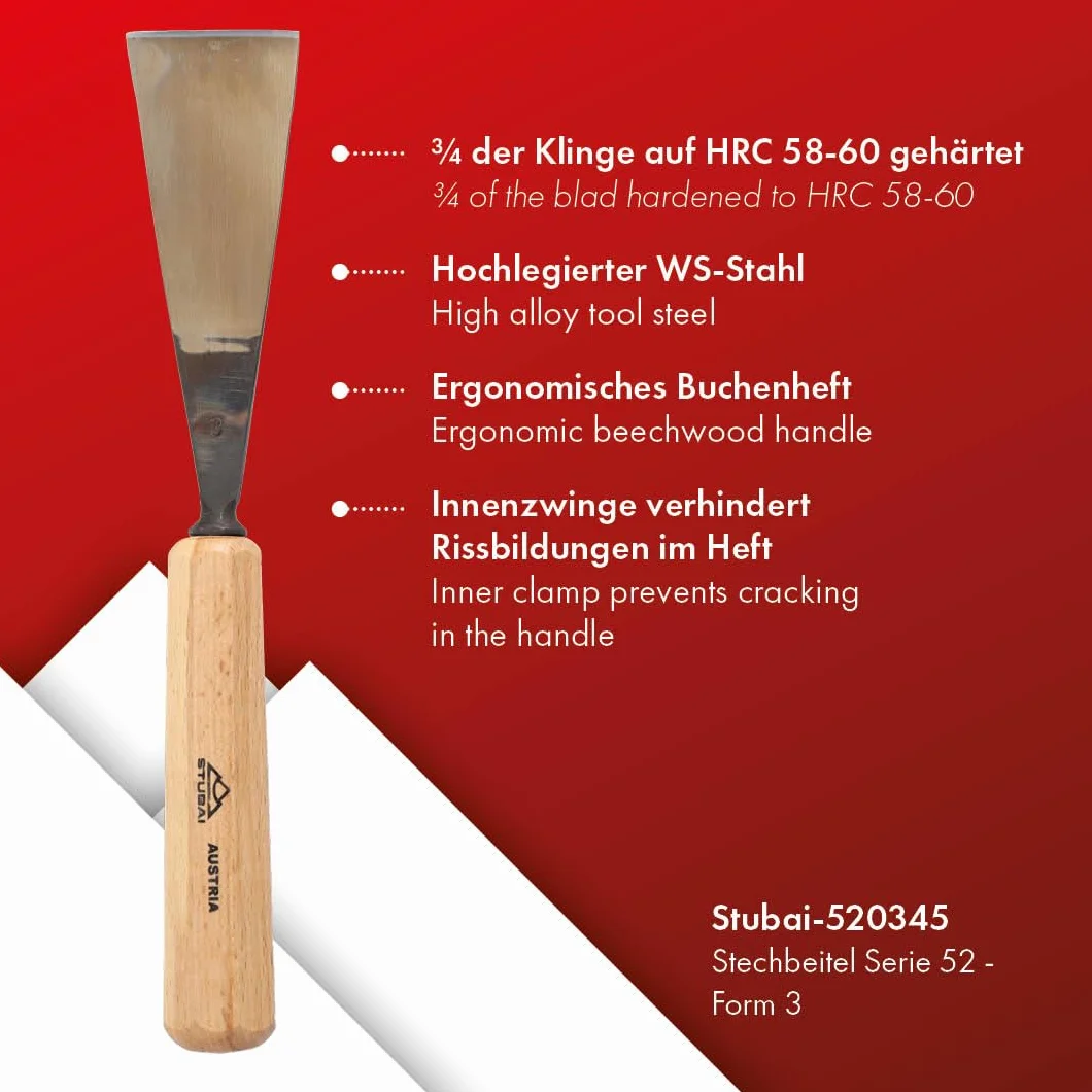 Stubai 520345 Typ 3 Dłuto do rzeźbienia w drewnie z drewnianym uchwytem, złoty/beżowy, 45 mm