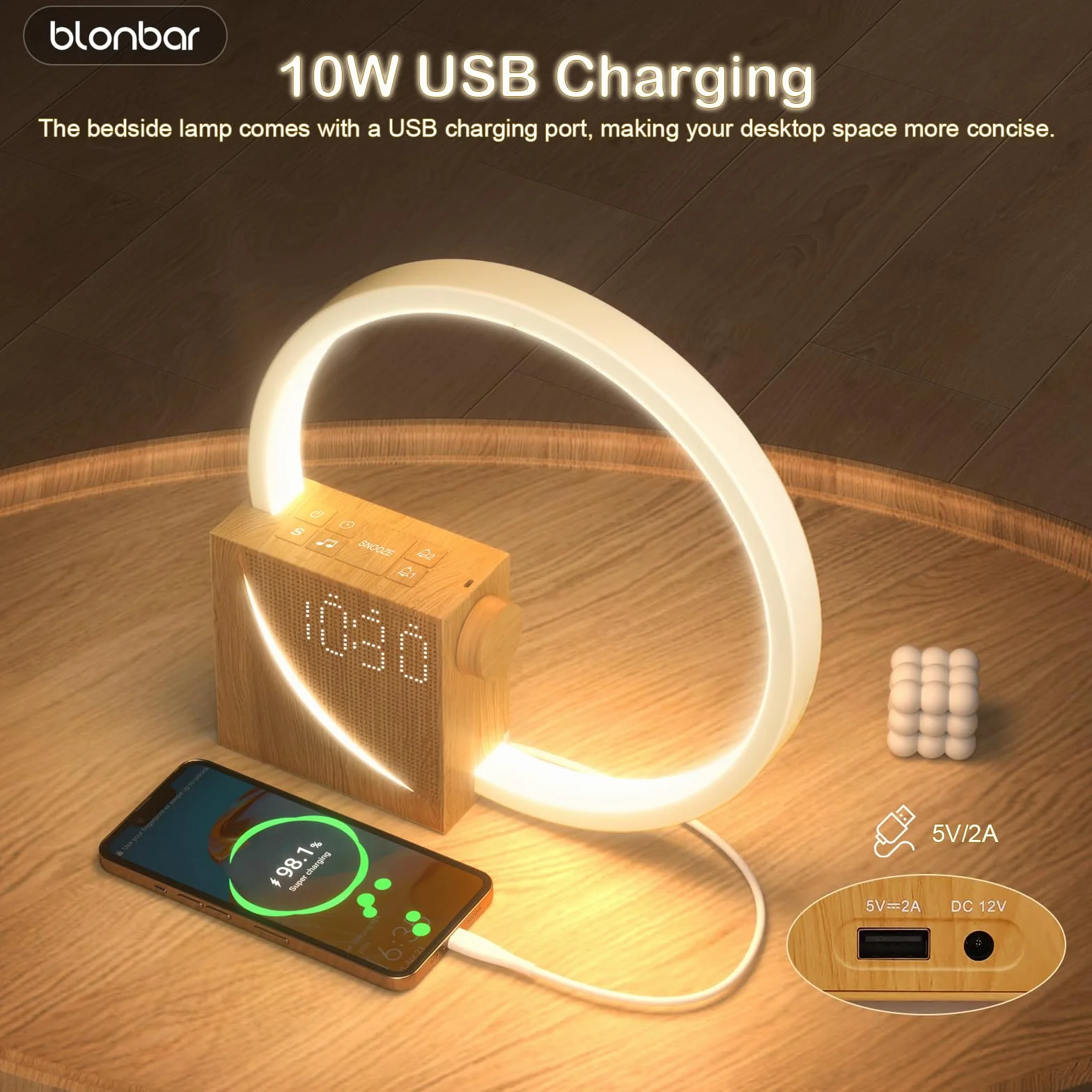Blonbar Lampka Nocna z Budzikiem Świetlnym Wake Up, Lampa Stołowa z Ładowaniem USB 10W, Sterowanie Dotykowe, Ściemniana