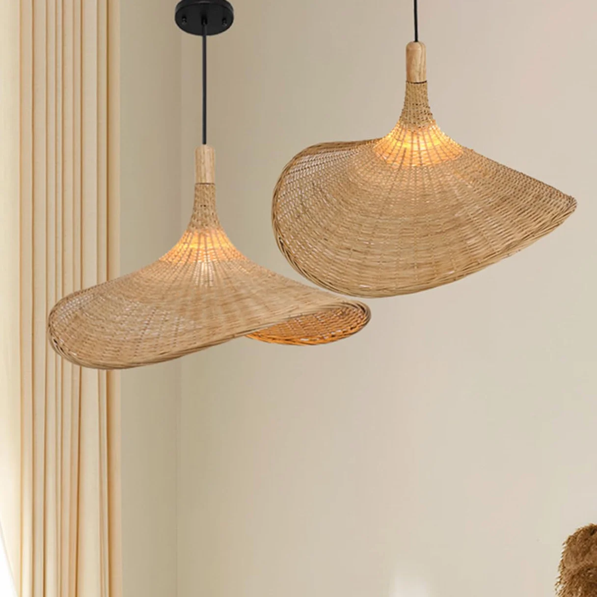Żyrandol w stylu wiejskim, duży beżowy bambusowy klosz - unikalne zawieszenie w stylu vintage z bambusowym kloszem wiklinowym, ręcznie robione lampy sufitowe na wyspę kuchenną