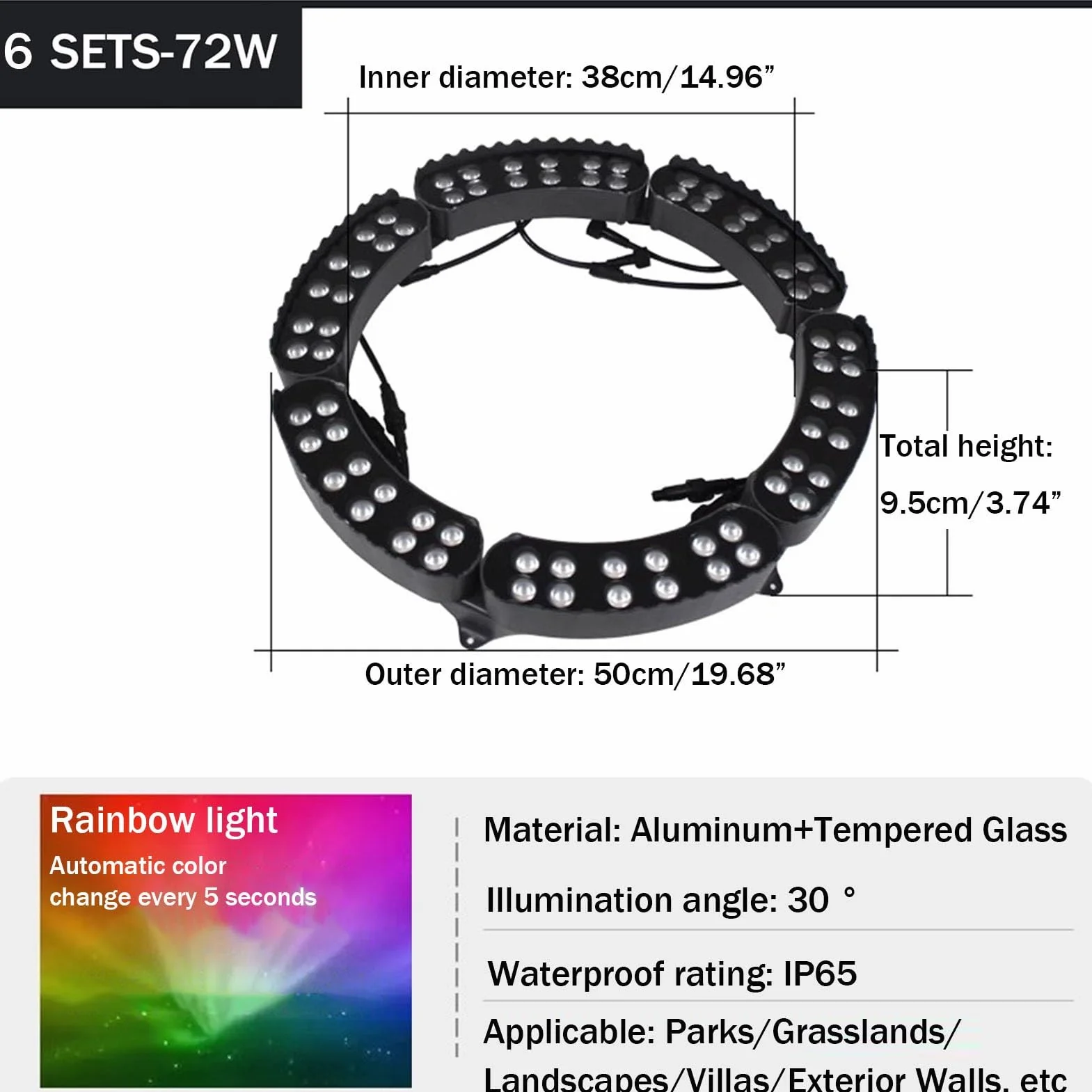 Pierścień świetlny Zewnętrzny okrągły reflektor LED w kształcie palmy, 7 kolorów, automatyczna zmiana koloru w 5 sekund, 220 V AC (6 zestawów)