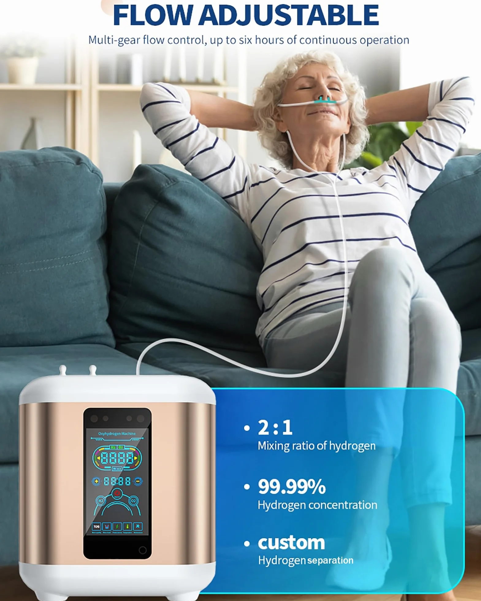 Przenośny inhalator z separacją, inhalator wodorowy 2 w 1, 2-wyjściowy gaz Brownsa, wysoka czystość (66,6 + 33,3)%, z funkcją pulsacyjną, do domów, klinik i szpitali Gold 600ml/min