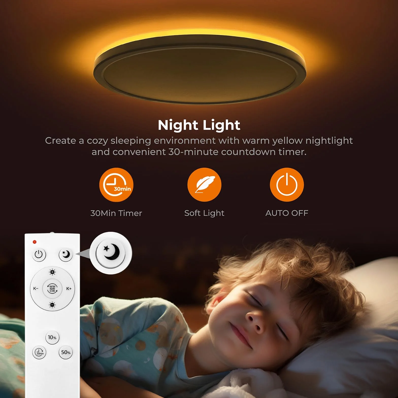 Matane Lampa sufitowa LED ściemnialna 36W, sufitowa z pilotem z funkcją timera, lampka nocna 2000K, ciepła, 3000K-6500K do sypialni, pokoju dziecięcego, salonu, korytarza, kuchni, okrągła, biała, 39CM