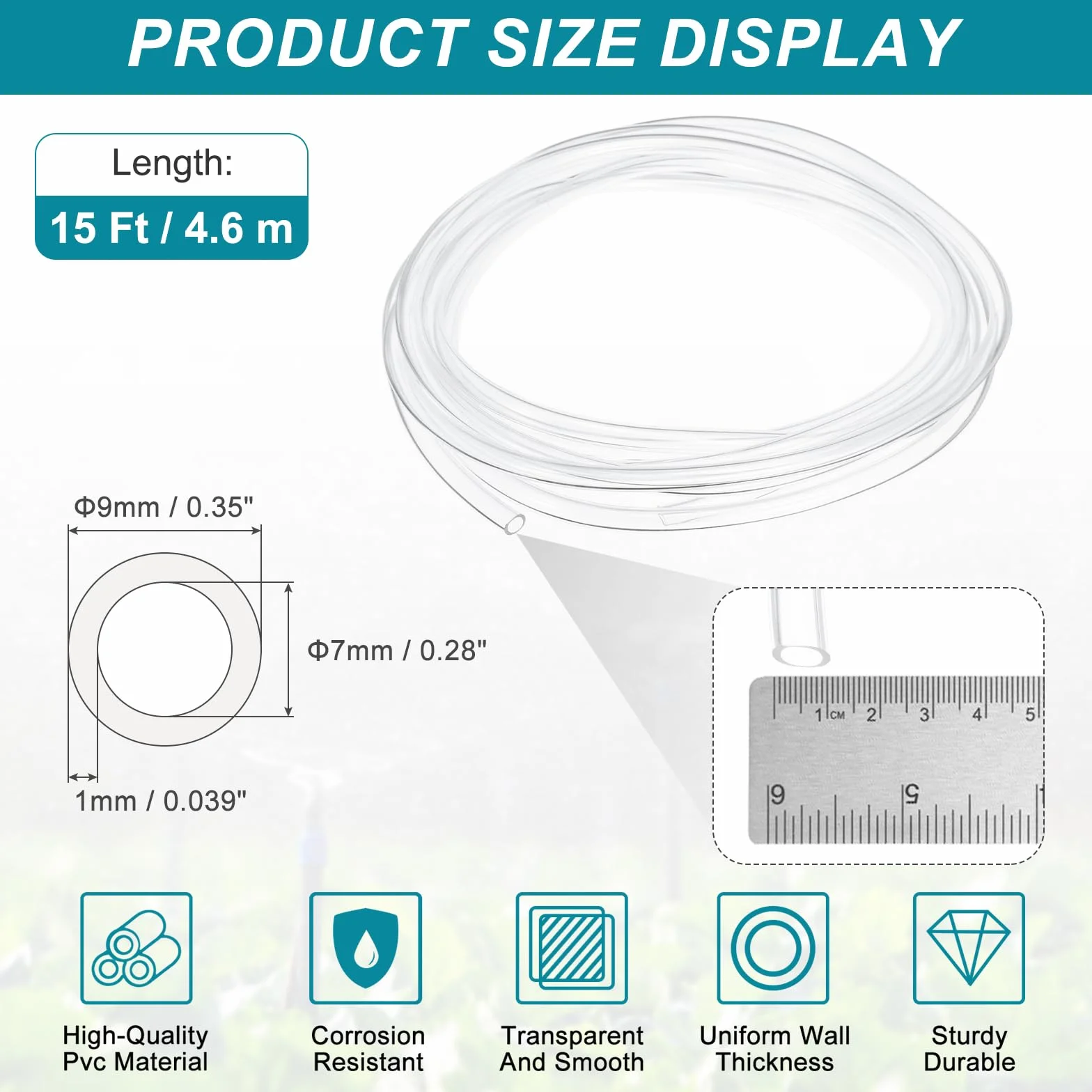 QUARKZMAN Przezroczysty wąż PVC, 7 mm ID x 9 mm AD - 4,6 m, lekki wąż winylowy, przezroczysty, elastyczny przewód z tworzywa sztucznego do transportu powietrza/oleju/wody