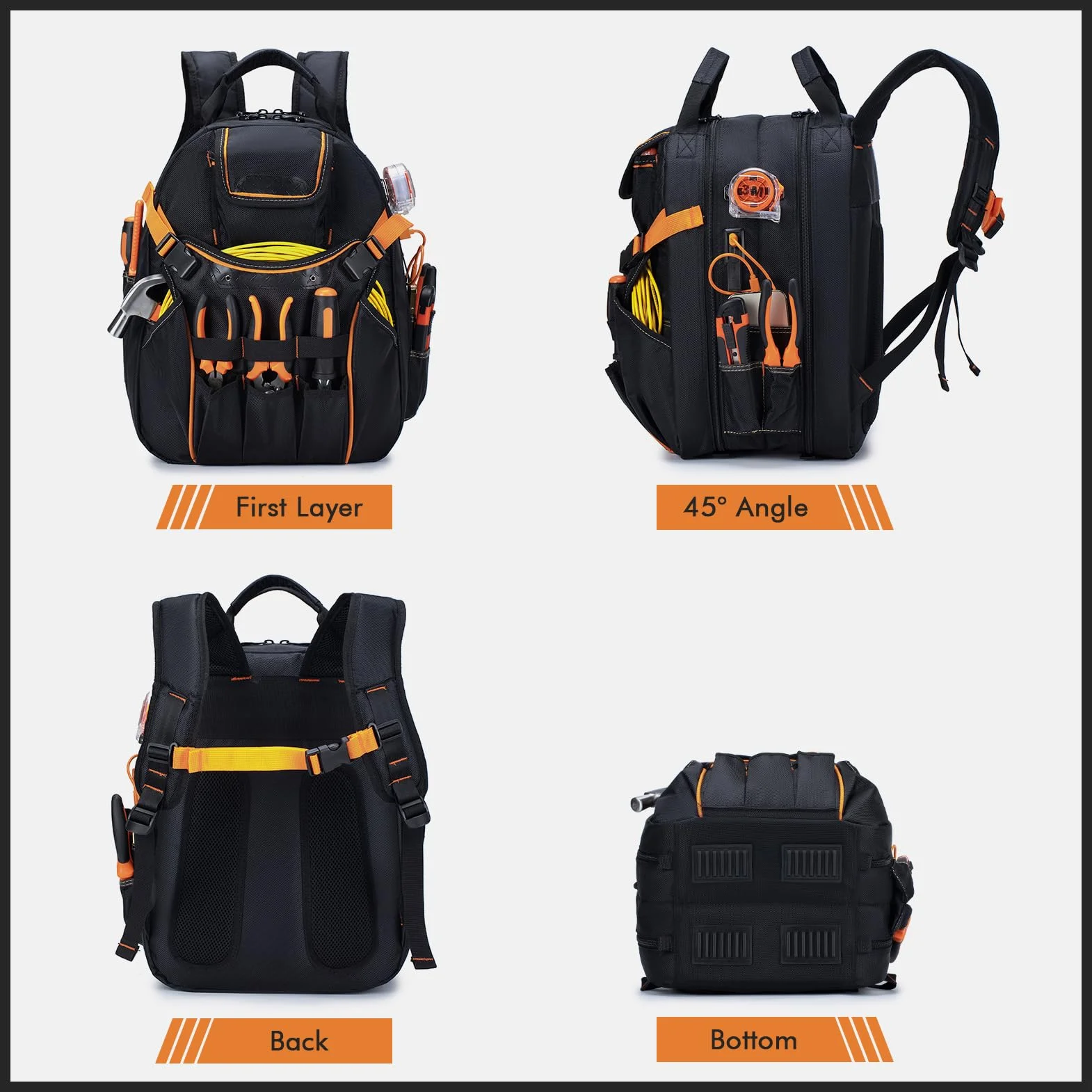 BAGZY 40x30x20cm Torba do Plecaka Narzędzia 1680D Torby Nośnik Narzędzi dla Mężczyzn 52 Kieszenie Elektryk Całkowicie Otwarty Plecak USB Podstawa Sztywna Torba Narzędzia Wycieczki Piesze Pomarańczowy