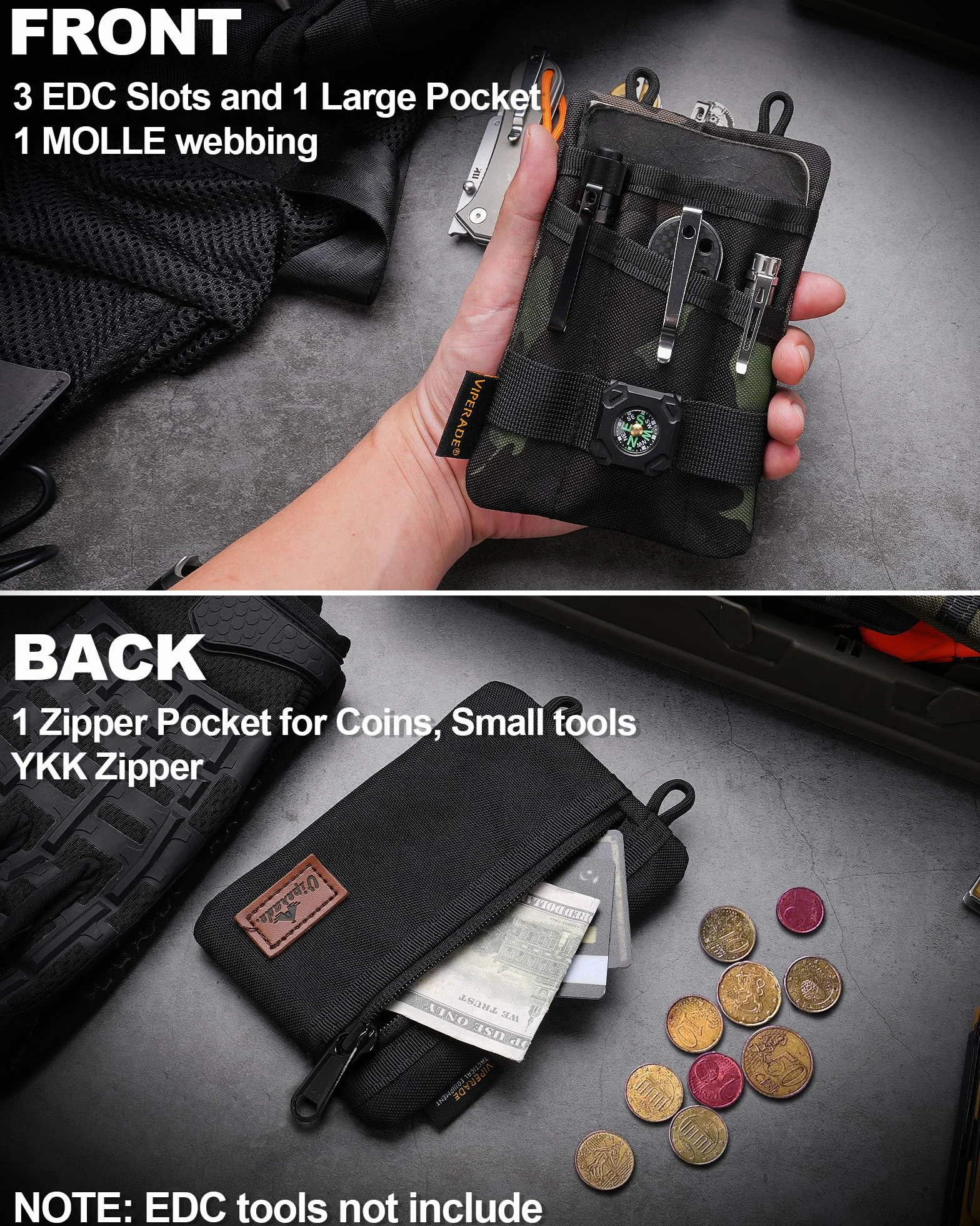 VIPERADE VE1 EDC Organizer kieszonkowy na narzędzia, mała torba EDC z 5 kieszeniami, mały organizer na narzędzia wielofunkcyjne, EDC, nylonowa torba na narzędzia, osłona na małą latarkę, narzędzia