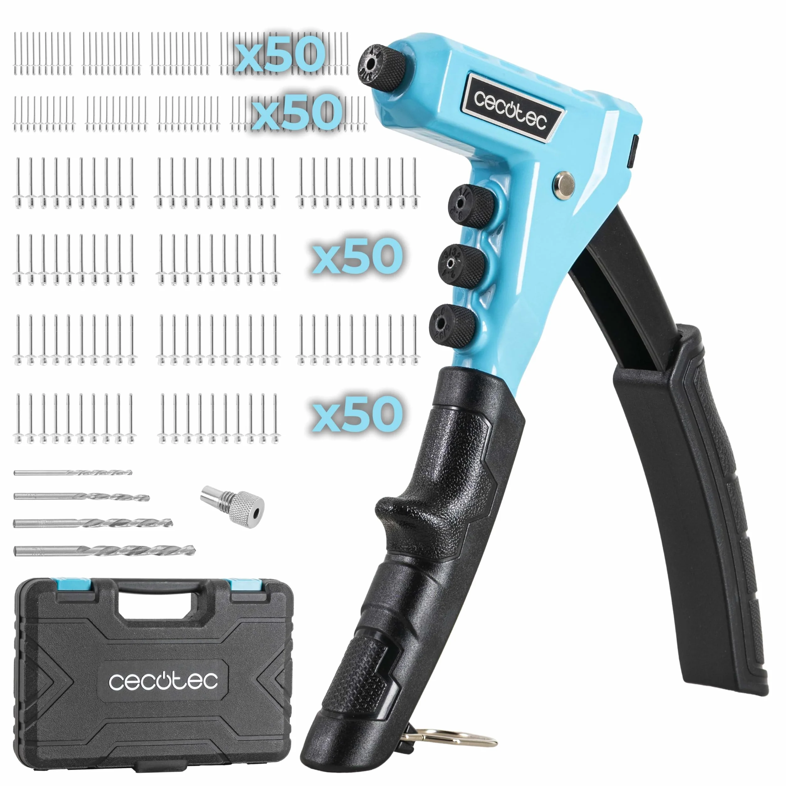 Cecotec Nitownica ręczna FixerForce 4000 Full Equipp. Bezkluczowa regulacja, w zestawie 200 nitów, 4 dysze o różnych rozmiarach (2,4, 3,2, 4, 4,8 mm) oraz 4 bity i walizka