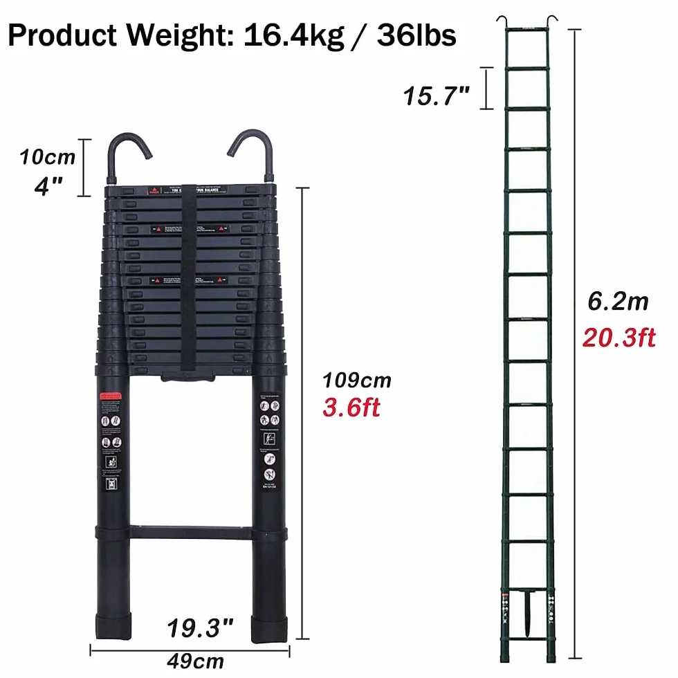 20,3 FT/6.2M Aluminiowa drabina teleskopowa z 2 zdejmowanymi haczykami, składane schody do użytku na zewnątrz, uniwersalne schody chowane na poddaszu, Maksymalna pojemność 330 funtów