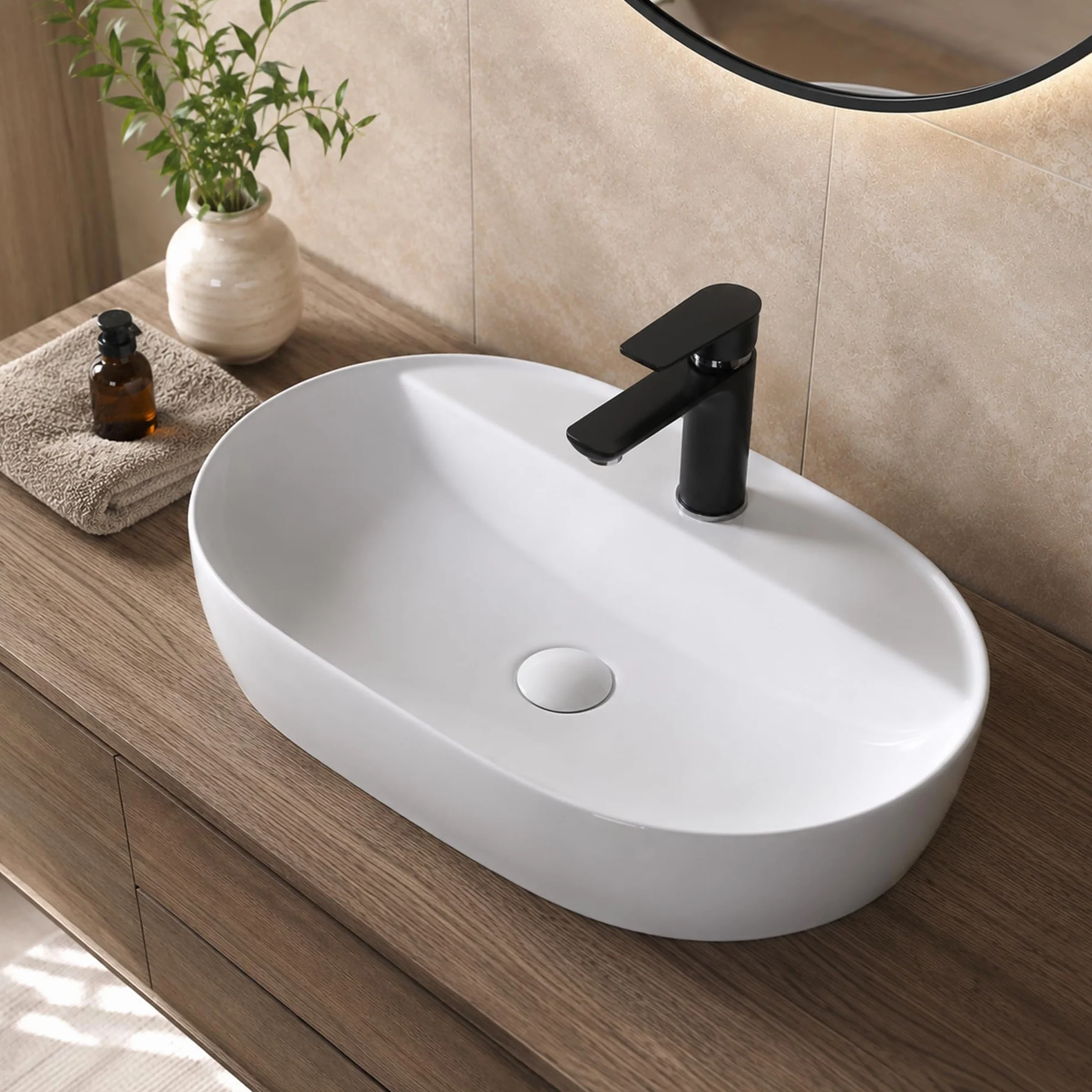 Premium Umywalka owalna - Błyszcząca umywalka nablatowa - ceramiczny basen do umywalki - miska do mycia biała - 610 x 400 x 120 mm