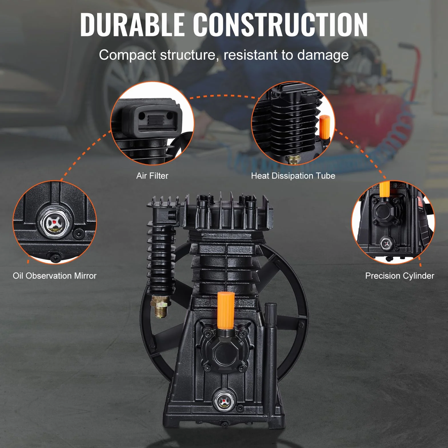 VEVOR Głowica pompy sprężarki powietrza 3HP 5,8 CFM 90 PSI, głowica pompy sprężarki powietrza 2 cylindry, pojedyncza głowica pompy z ciśnieniem maks. 116 PSI, głowica pompy przepływu 164 l/min