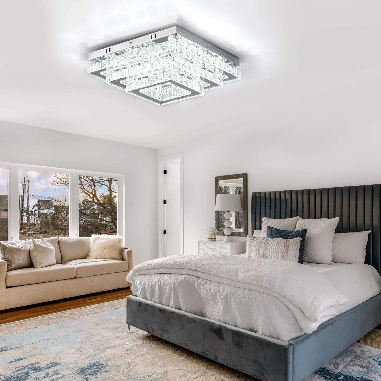 Fintonglan Kwadratowa szklana lampa sufitowa LED 38 cm, 3 poziomy pół-wpuszczane 61 W 6500 K zimna biel, nowoczesna lampa sufitowa do salonu, sypialni i jadalni